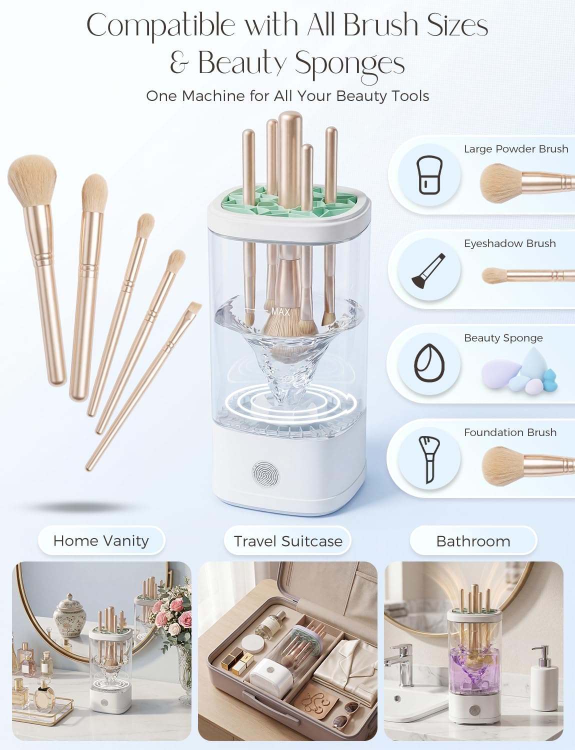 Electric Makeup Brush Cleaner Machine,3 in 1 Makeup Brush Cleanser & Washer,Cleaning Tool,Cosmetic Brushes Cleaners Cleaning For All Size Beauty Makeup Brush Set,Eyeshadow, Blush Brush. (White)