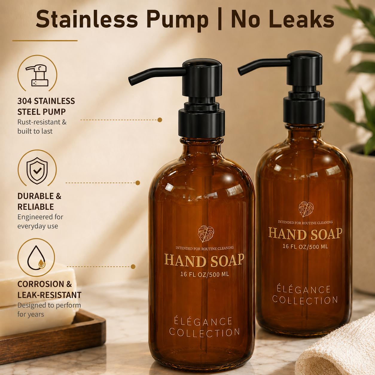 Fachixy Amber Glass Soap Dispenser (2 Pack), 16 Fl Oz Hand & Dish Soap Dispenser Bottles Set with Leak-Resistant Stainless Steel Pump, Non-Slip Pad, 14 Waterproof Labels for Kitchen and Bathroom