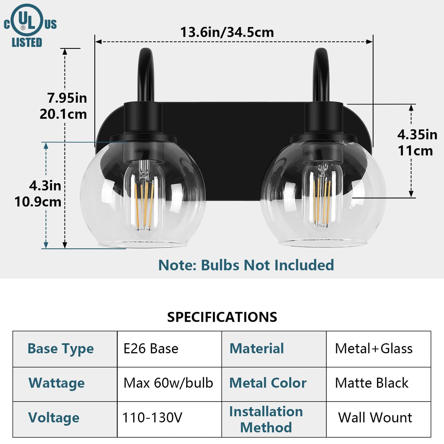 Dpyrrhic Modern 2-Light Vanity Light, Bathroom Lighting Fixture Over Mirror With Clear Glass Shade and Metal Base, Matte Black Wall Mounted for Bathroom