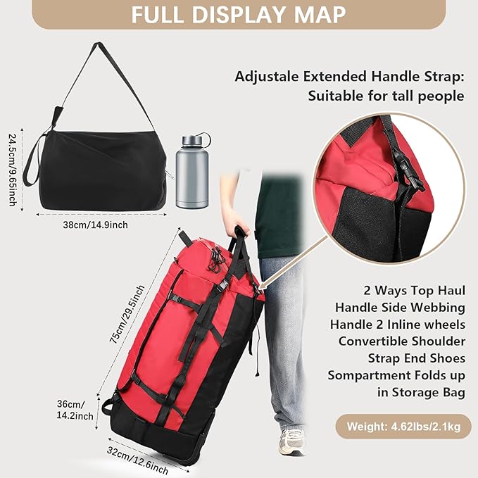 CONTAIL 86L Foldable Wheeled Duffel Backpack with Padded Quilted Bottom, Waterproof Collapsible Travel Duffle Bag with Extended Web Handles,No Telescope Handle,Red