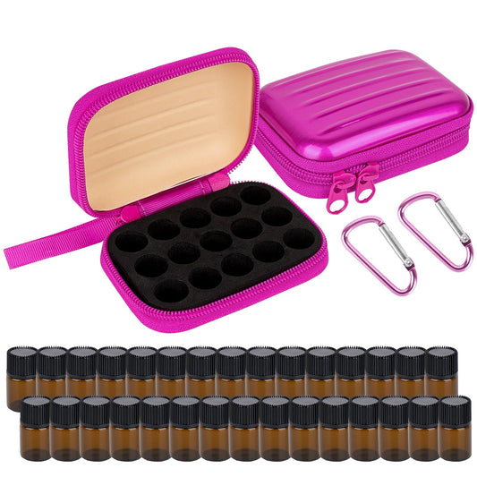 Biiange 2Pcs Mini Essential Oil Bottle Case with 30 Empty 2ml Vials, Travel Storage Organizer Box for Essential Oils, Compact Aromatherapy Holder for Home, Travel & Outdoor Use (15 Slots, Rose Red)