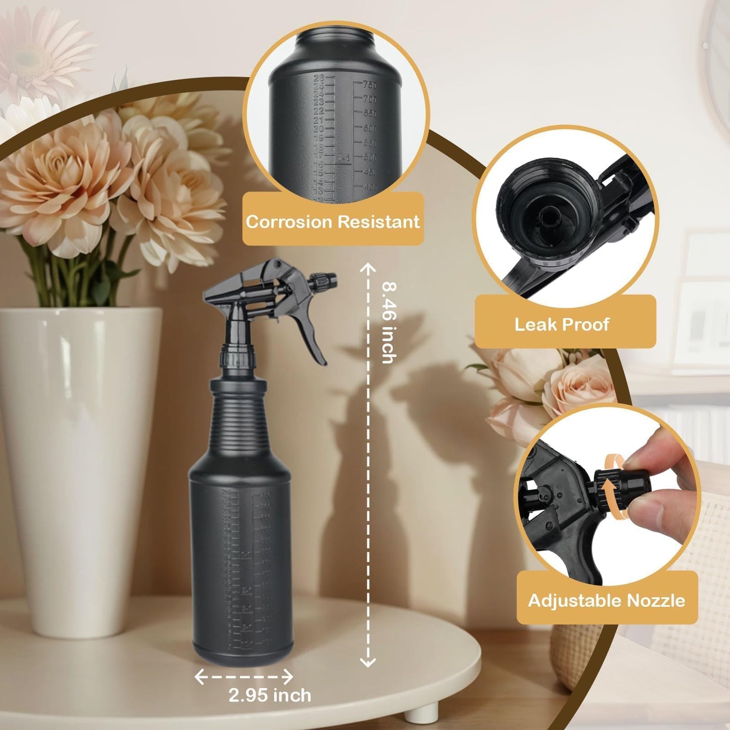 FIMXSD 3-Pack Black Spray Bottles 34oz Opaque Heavy Duty Sprayer with Adjustable Nozzle, Leak-resistant Dark Spray Bottle for Cleaning, Garden, Plants, Hair, Pets
