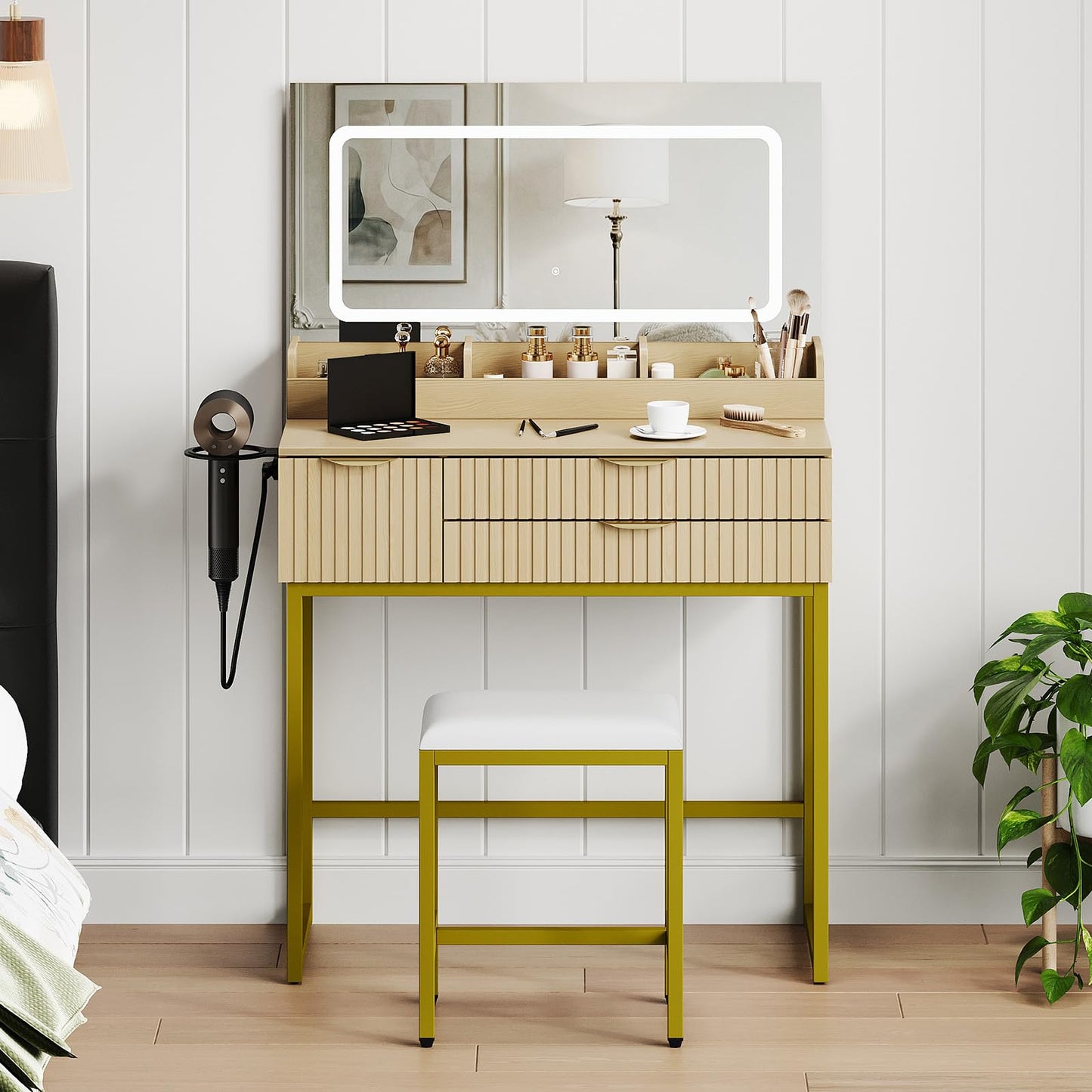 Garvee 31.5" LED Vanity Desk with Mirror and Lights, Modern Makeup Table with 3 Color Lighting Modes, Built-in Power Outlet and 3 Storage Drawers for Bedroom