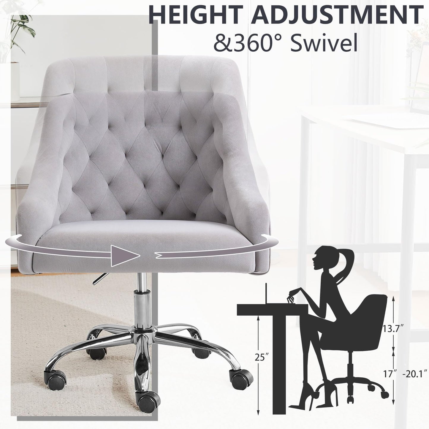MOJAY Velvet Office Swivel Chair, Vanity Fabric Desk Pretty Fancy Gold Office Chairs for Girls, 360°Swivel Height Adjustable Reception Chair (Grey1)