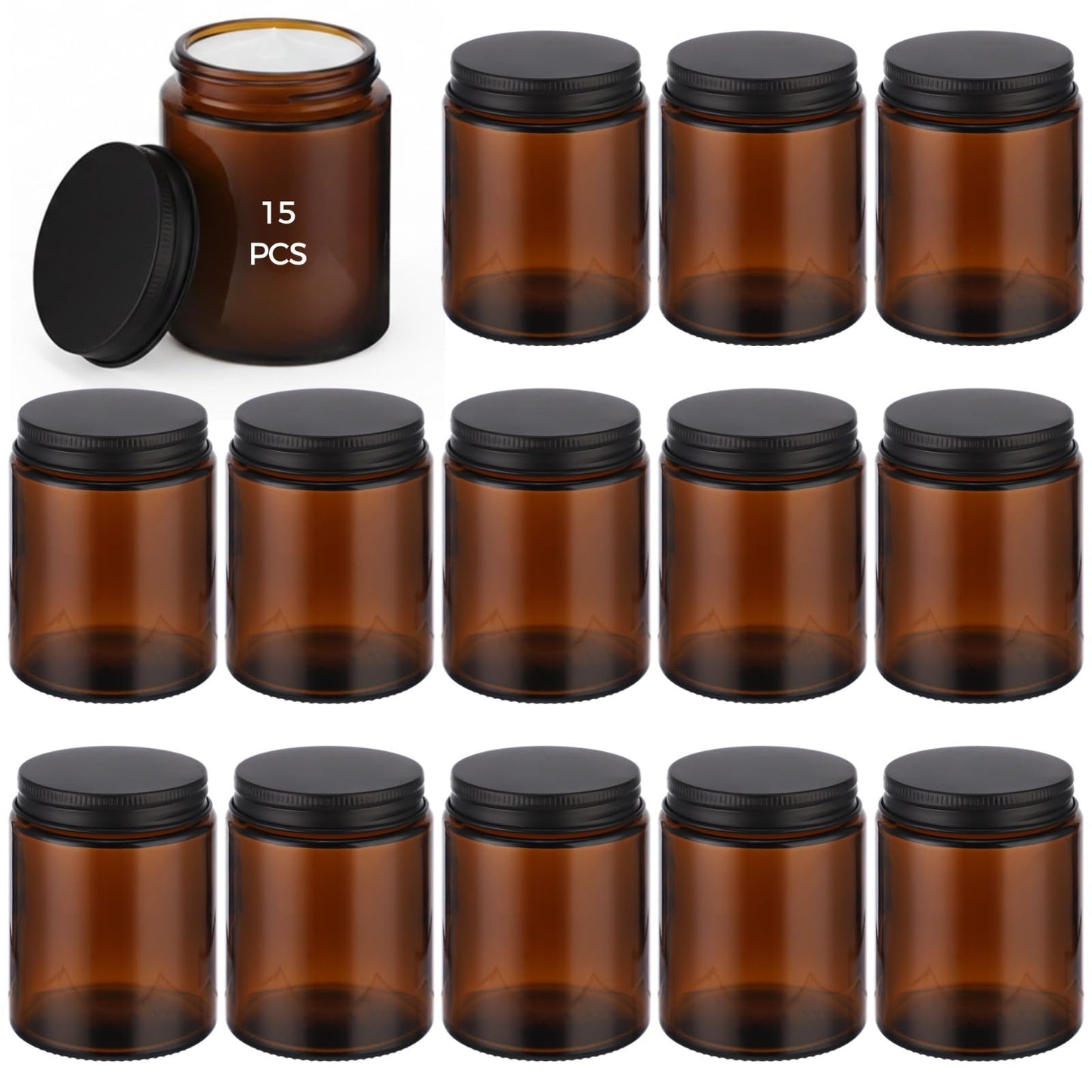 15 PCS 5 oz Amber Glass Jars with Lids - Round Brown Glass Container with Metal Lid, Small Airtight Glass Containers for Cream Lotion Powder Beauty Products, Leakproof Empty Cosmetic Travel candle Jar