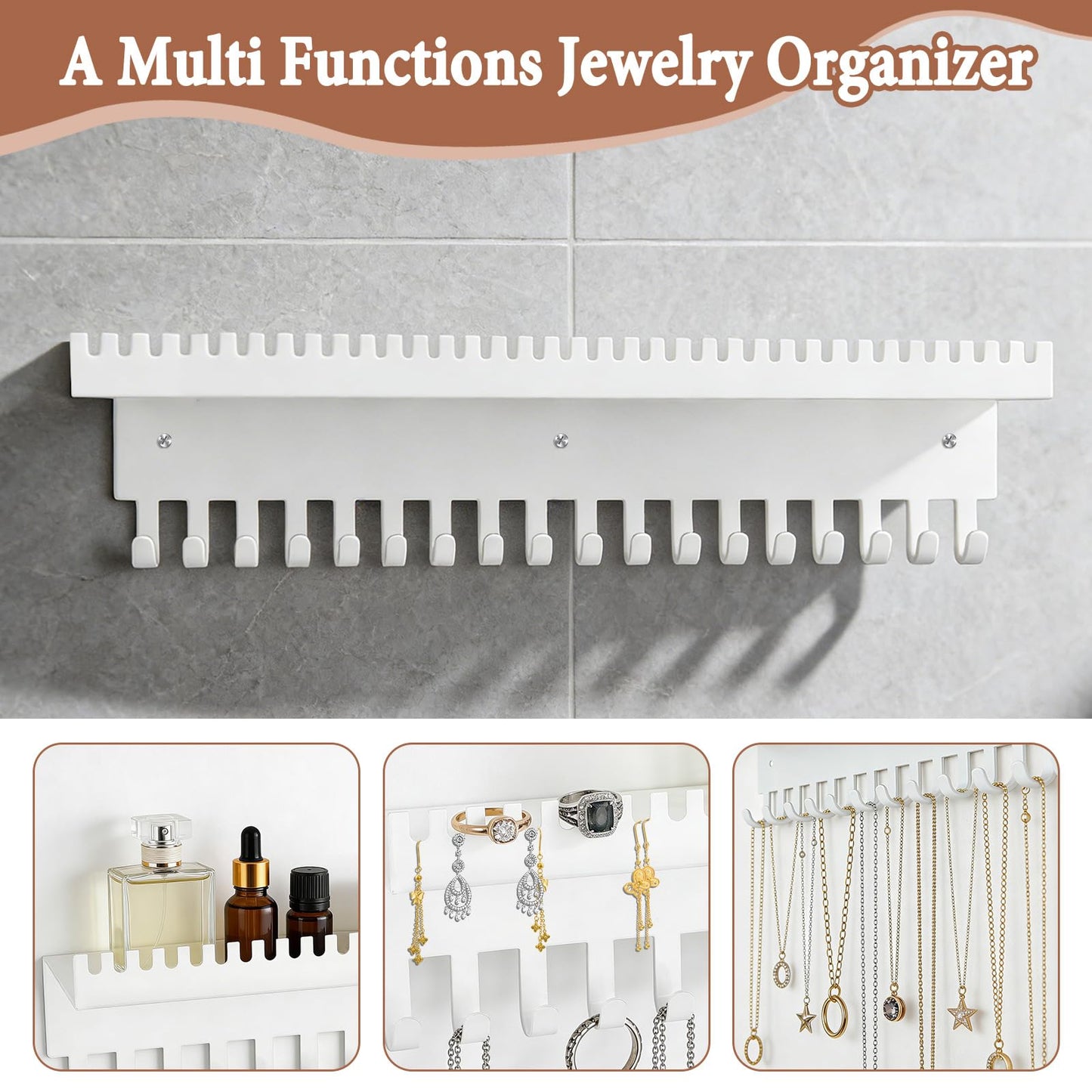2 Pcs White Alloy Necklace Holder Wall Mount, Heavy-Duty Wall Jewelry Organizer with 18 Hooks & Cosmetics Storage Tray, Space-Saving Hanging Jewelry Organizer for Necklaces Bracelets Rings Perfume