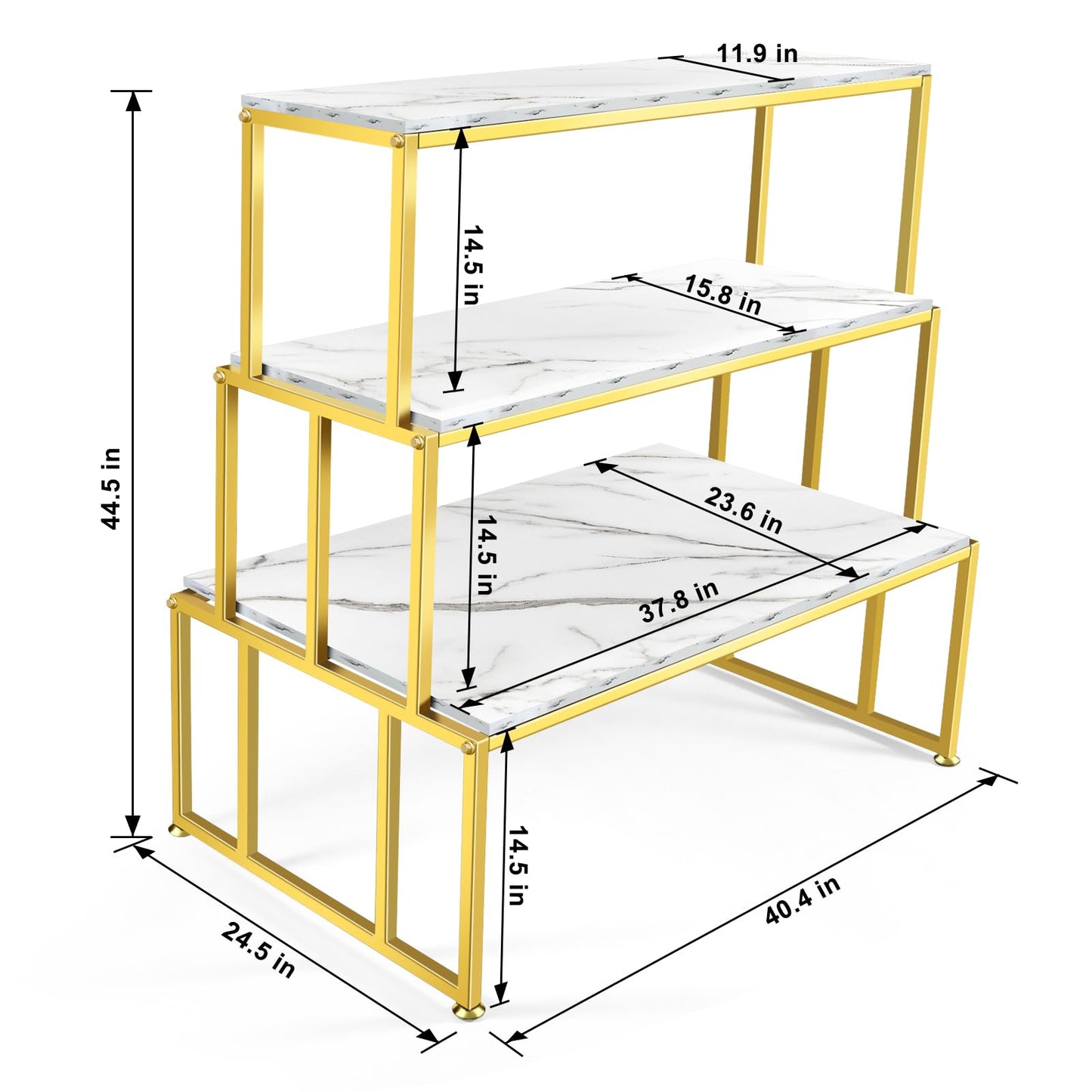 CIVANA Metal Shoe Handbag Display Table，3 Tier Heavy Duty Risers Display Stands，Modern Standing Display Riser Shelf for Retail Stores Vendor Events , Iron and Wood, Gold