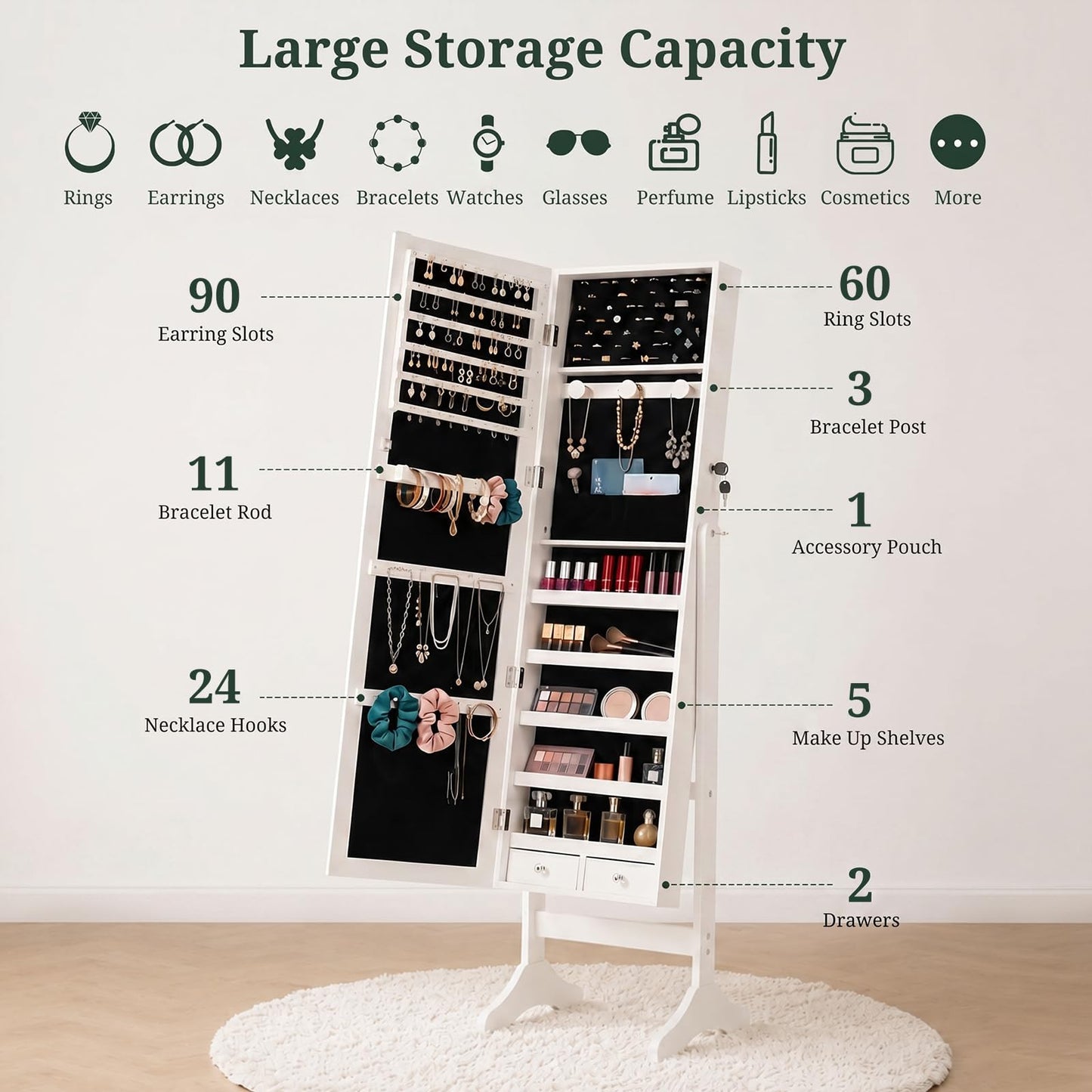 Freestanding Jewelry Armoire Cabinet, 47.3" Full Length Mirror Jewelry Organizer, Lockable Standing Jewelry Storage Cabinet with Velvet Lining, Makeup Organizer with Adjustable Angles (White)