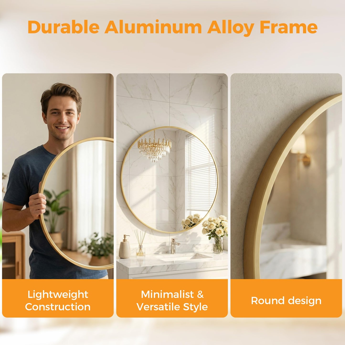 OLIXIS 20 Inch Gold Round Bathroom Wall Mirror, Round Bathroom Mirrors for Over Sink, Circle Mirror with Tempered Glass for Home Decor, Entryway, Bedroom, Vanity, Shatterproof& Crystal-Clear