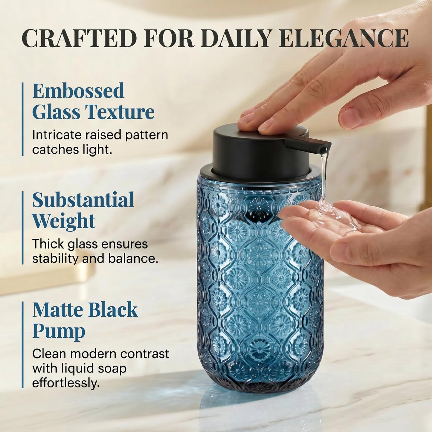 zuxzmj Blue Glass Liquid Hand Soap Dispenser with Matte Black Pump Thick Embossed Bottle Refillable for Bathroom and Kitchen Decor 13.5 oz
