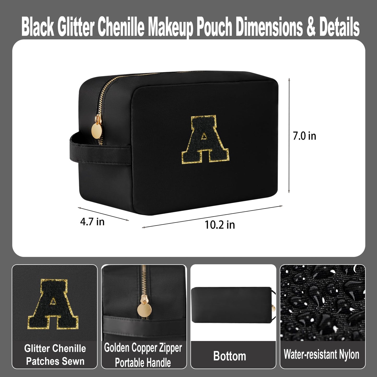 YogoRun 2pcs Toiletry Bags for Travelling Women Nylon Travel Makeup Organizers Clear Glitter Chenille Letter Skincare Cosmetic Brush Bag (Black-L)