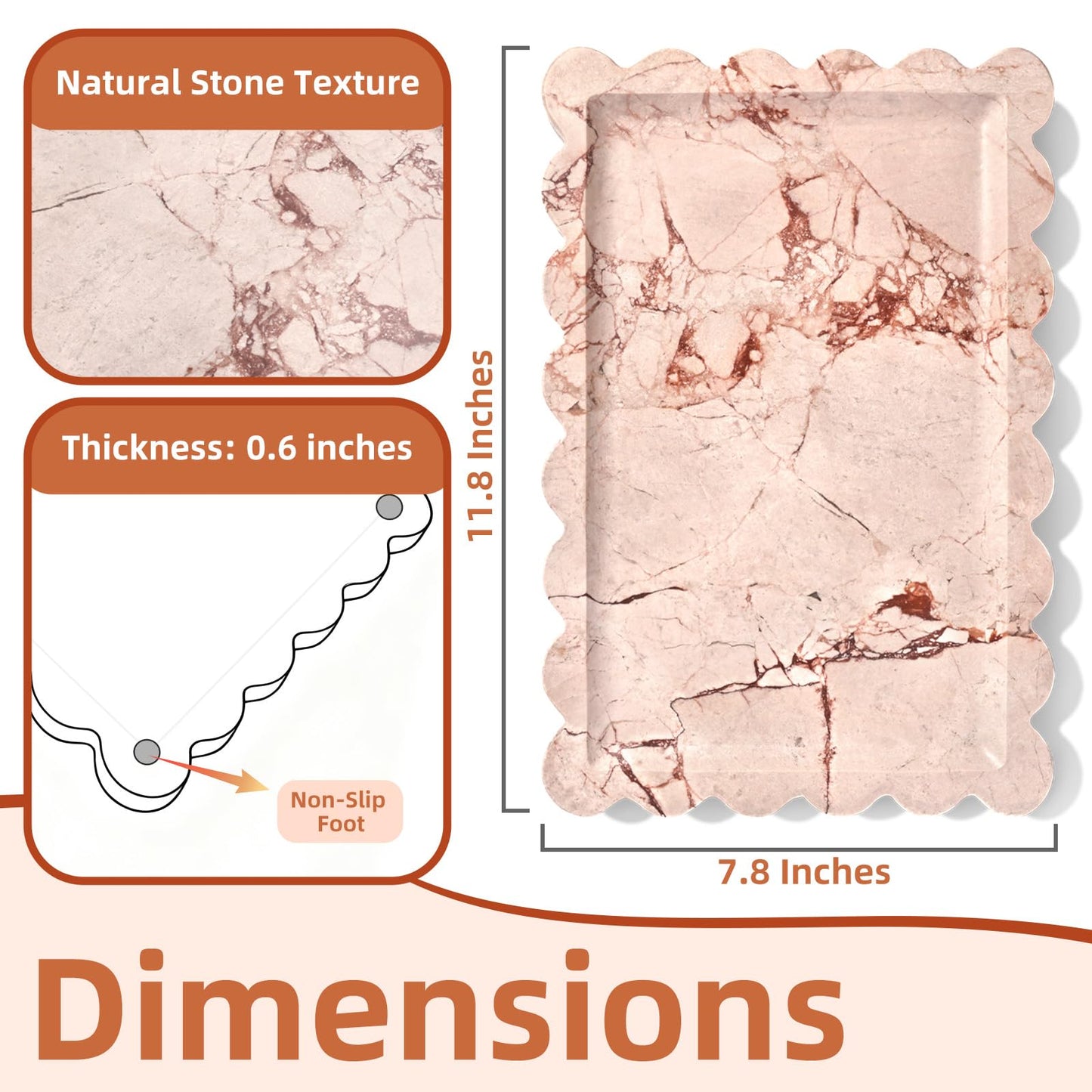 Yew & Tulip Natural Marble Vanity Tray with Scalloped Rim, Nature Rose Pink Luxury Stone Serving Tray for Bathroom, Kitchen, Vanity, Home Decor, Wedding etc. (12"x 8" x 0.6")