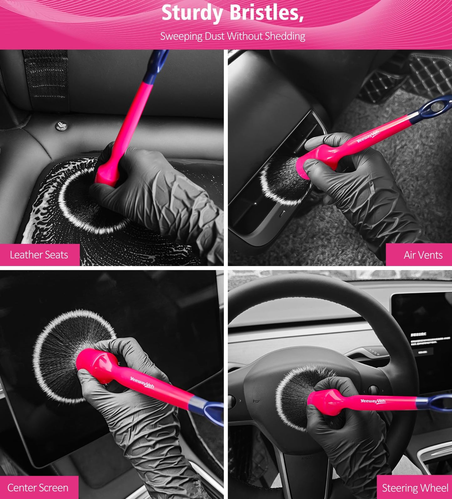 YeewayVeh 6PCS Car Detailing Brush Set, 3pcs Boars Hair Detailing Brushes, 3pcs Ultra Soft Detail Brush for Leather Seat Air Vents Engine Bay, Detail Brushes Car Detailing for Interior Exterior, Pink