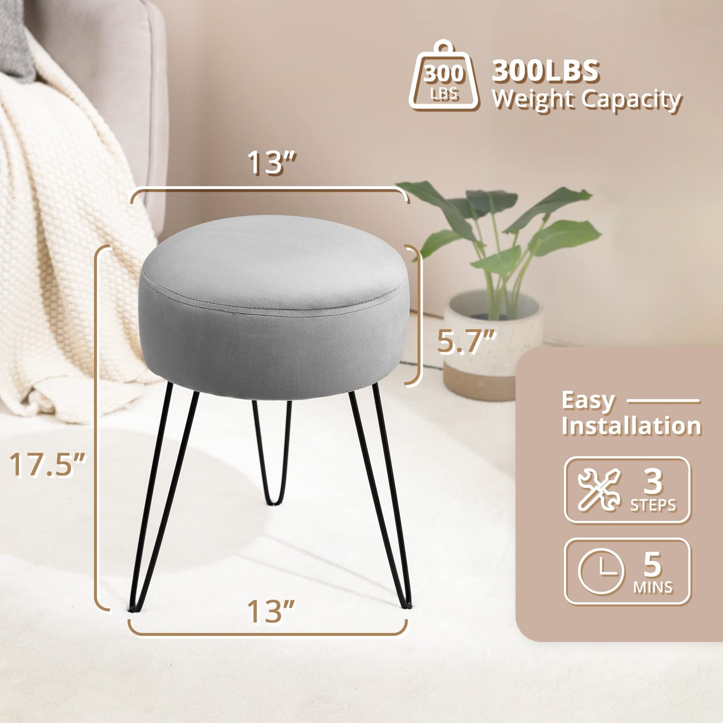 LUE BONA Vanity Stool, Gray Vanity Stools for Makeup Room, Round Ottoman Foot Stool, Velvet Footrest Vanity Chair for Bathroom Vanity, Bedroom, Living Room, Entryway, Offices, 300lbs