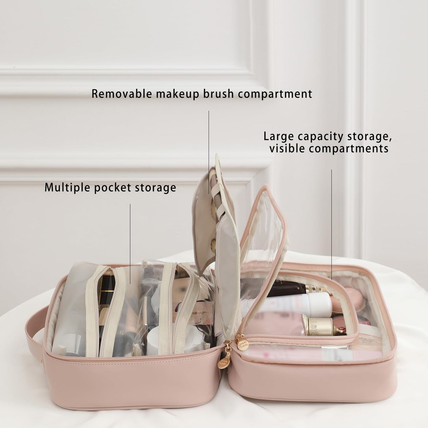 RIGHT AWAY Travel Toiletry Bag for Women, Makeup Bag& Cases, Waterproof Makeup Organizer Cosmetic Bag with Compartments,Portable Make Up Bag for Travel Size Toiletries,Skincare,Brushes Set,Pink