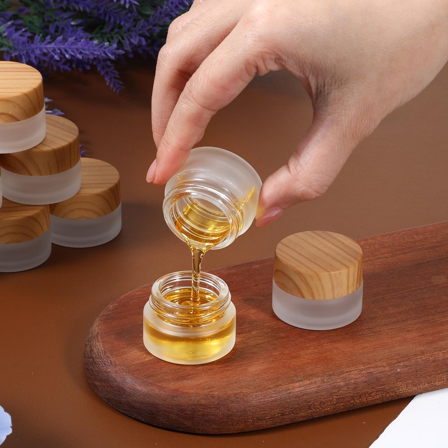 36 Pcs 5 Grams Glass Cosmetic Containers, Round Frosted Cosmetic Jars with Leak proof Woodgrain Lids, Makeup Sample Containers, Empty Glass Sample Jars for Lotion, Cream, Scrub, Balm