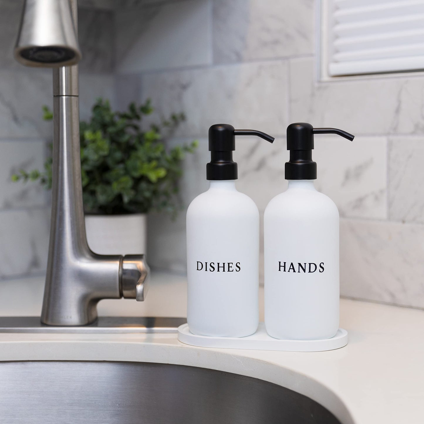 Glass Hand and Dish Soap Dispenser Set with Bamboo Tray – Kitchen Soap Dispenser Set, Black Pumps, 16 oz, Silicone Funnel – Modern Farmhouse Kitchen Sink Decor & Accessories