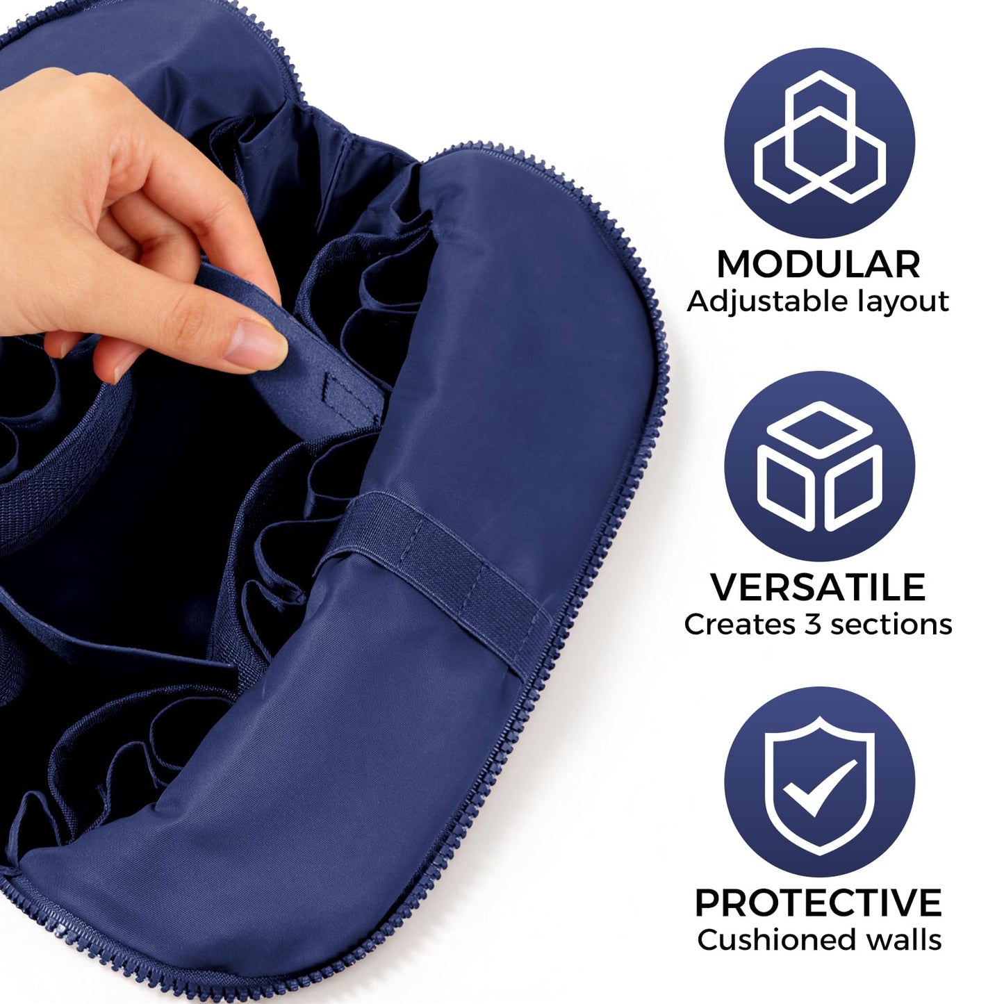 Travel Makeup Organizer Bag with Fold-Down Design and Adjustable Dividers, 27 Pockets & 3 Brush Storage Holders, Large Capacity Cosmetic Bags Toiletry Case - Navy Blue