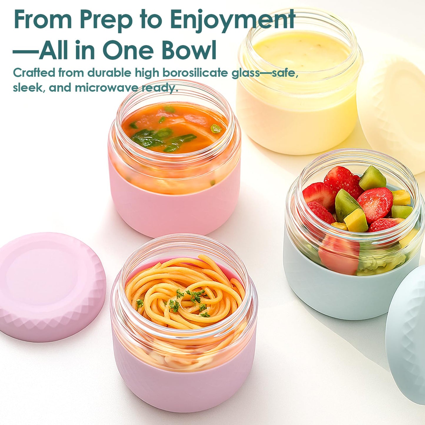 Cafezi 24 oz Glass Lunch Bowl Containers with Lids 2 Pack | Leak & Spill Proof, BPA-Free, Microwave & Dishwasher Safe | Airtight Meal Prep & Food Storage Jar for Lunch, Salad, Soup, Oats, Stew, Yogurt