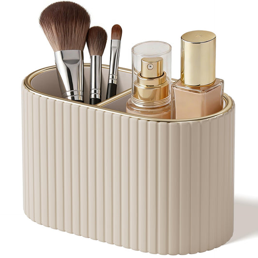 KINGFOM Makeup Brush Holder Organizer with Divider, PU Leather Vanity Brush Holder for Bathroom Countertop & Dressing Table, Cosmetic Desktop Storage Caddy for Makeup Tools Oval, Gift for Women Beige