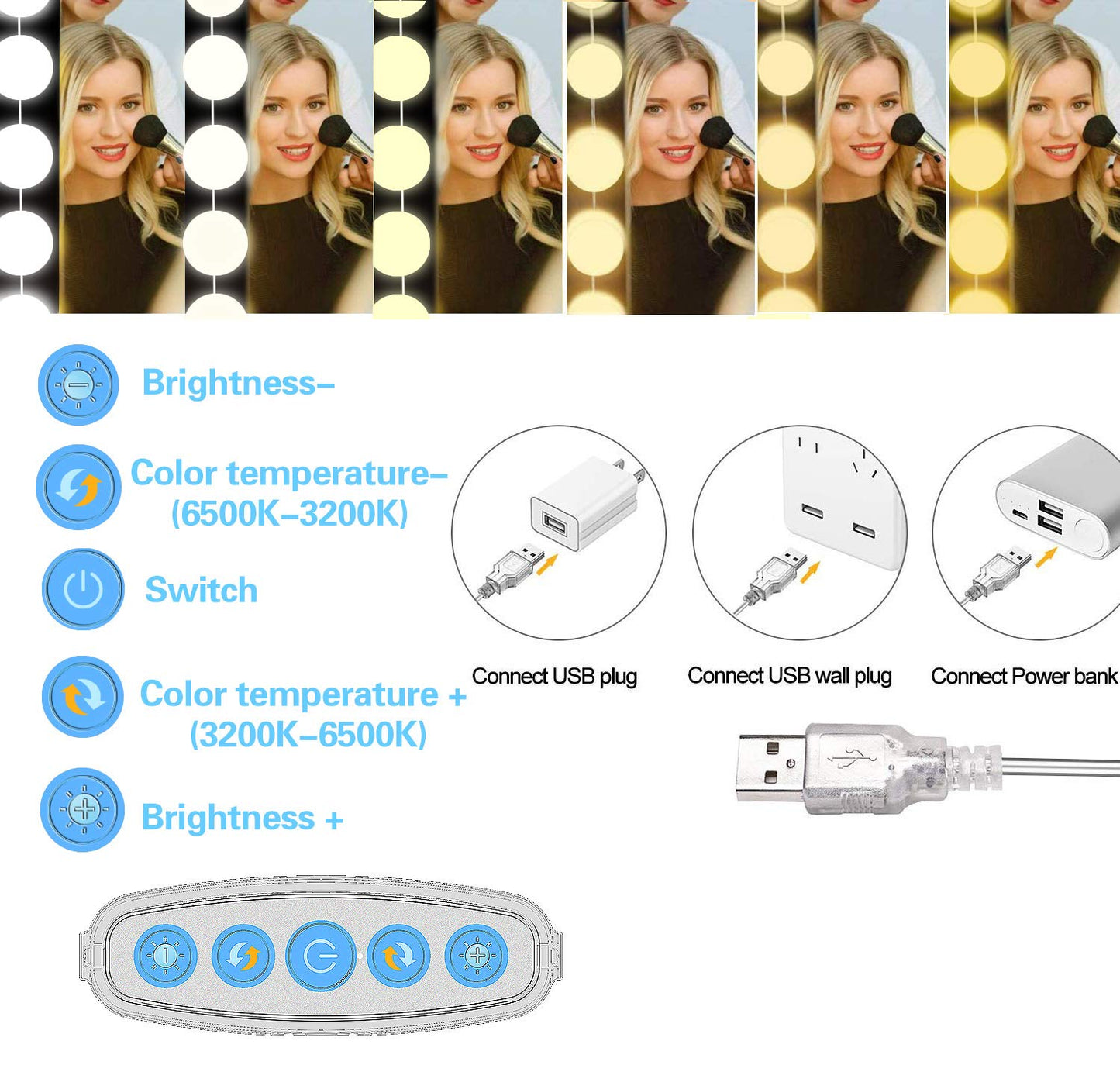SICCOO Vanity Mirror Lights, 10 Dimmable Bulbs DIY Hollywood Style LED Makeup Mirror Lights with USB Cable, Lighting Fixture Strip for Makeup Dressing Table Bathroom Dressing Room etc, White