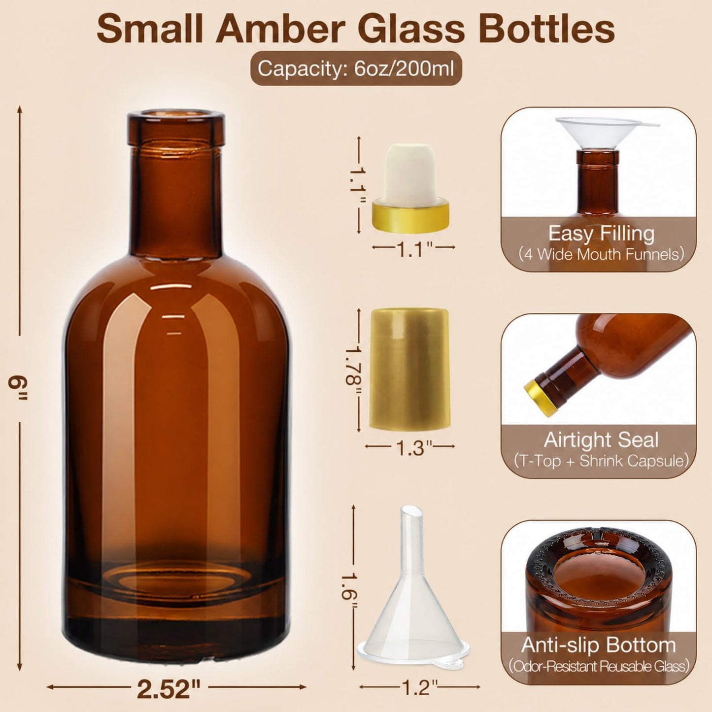 TBWIND 12 Pack 6oz/200ml Amber Glass Bottles with T-Top Corks