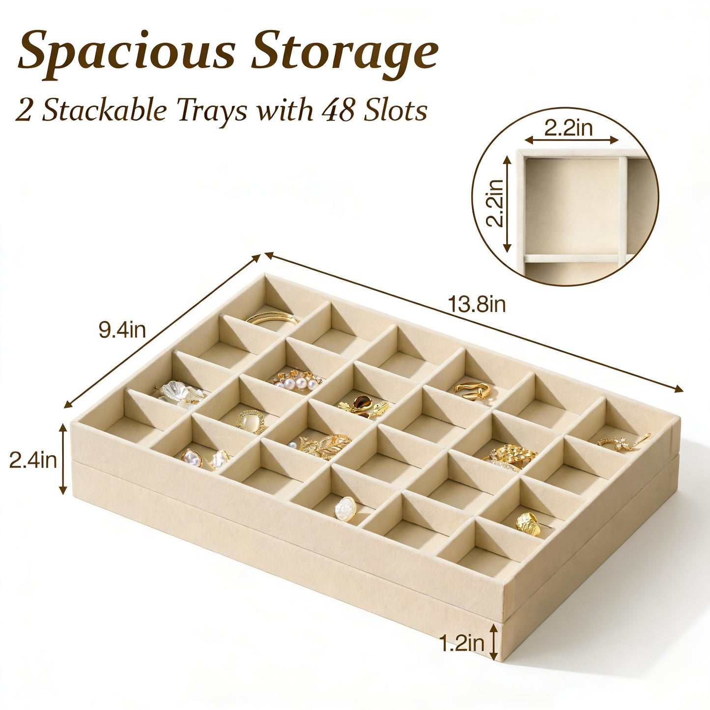pickpiff Drawer Jewelry Organizer & Display Trays: 2pcs 24grid Velvet Stackable Jewelry Case (13.8x9.4x1.2inch) - Soft Beige Ring Storage Bracelet Holder Earring Box