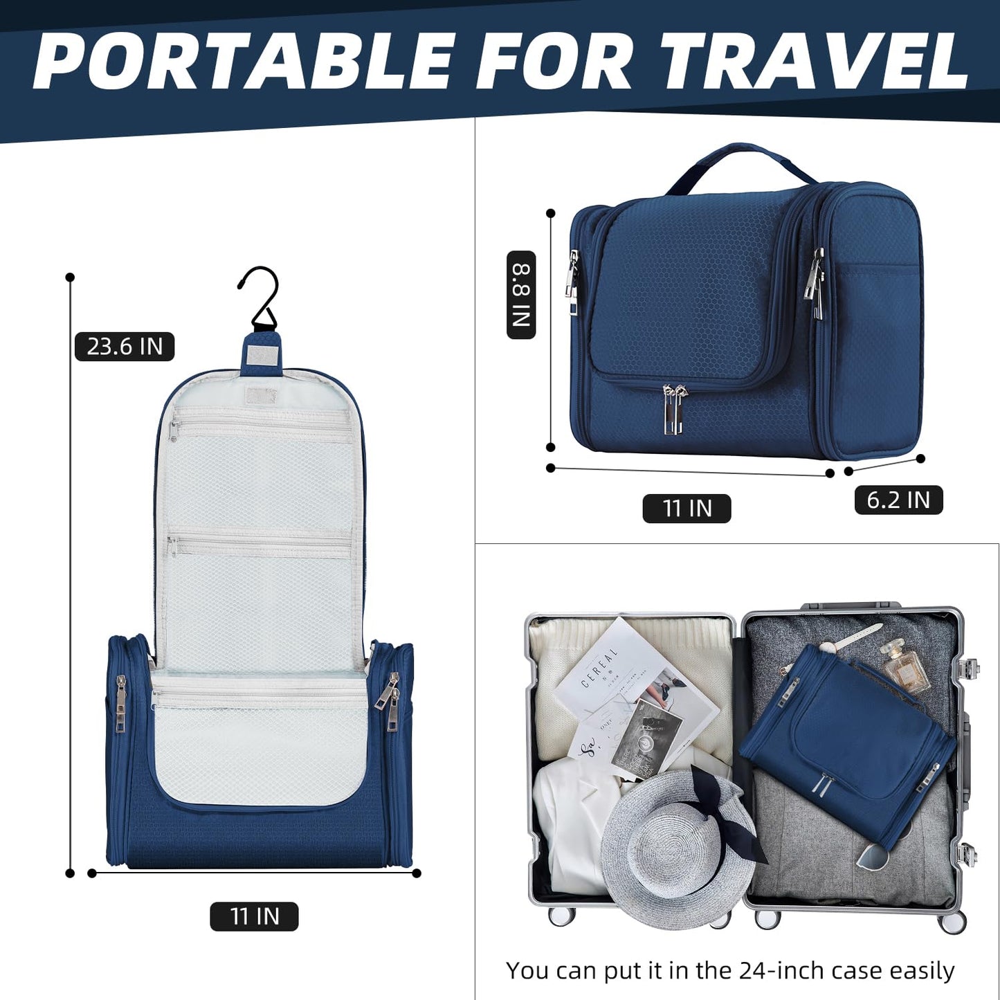 Buruis Hanging Toiletry Bag for Women and Men, Large Water-Resistant Makeup Organizer with Sturdy Hook, Lightweight Nylon Dopp Kit for Full-Sized Toiletries & Cosmetics, Blue