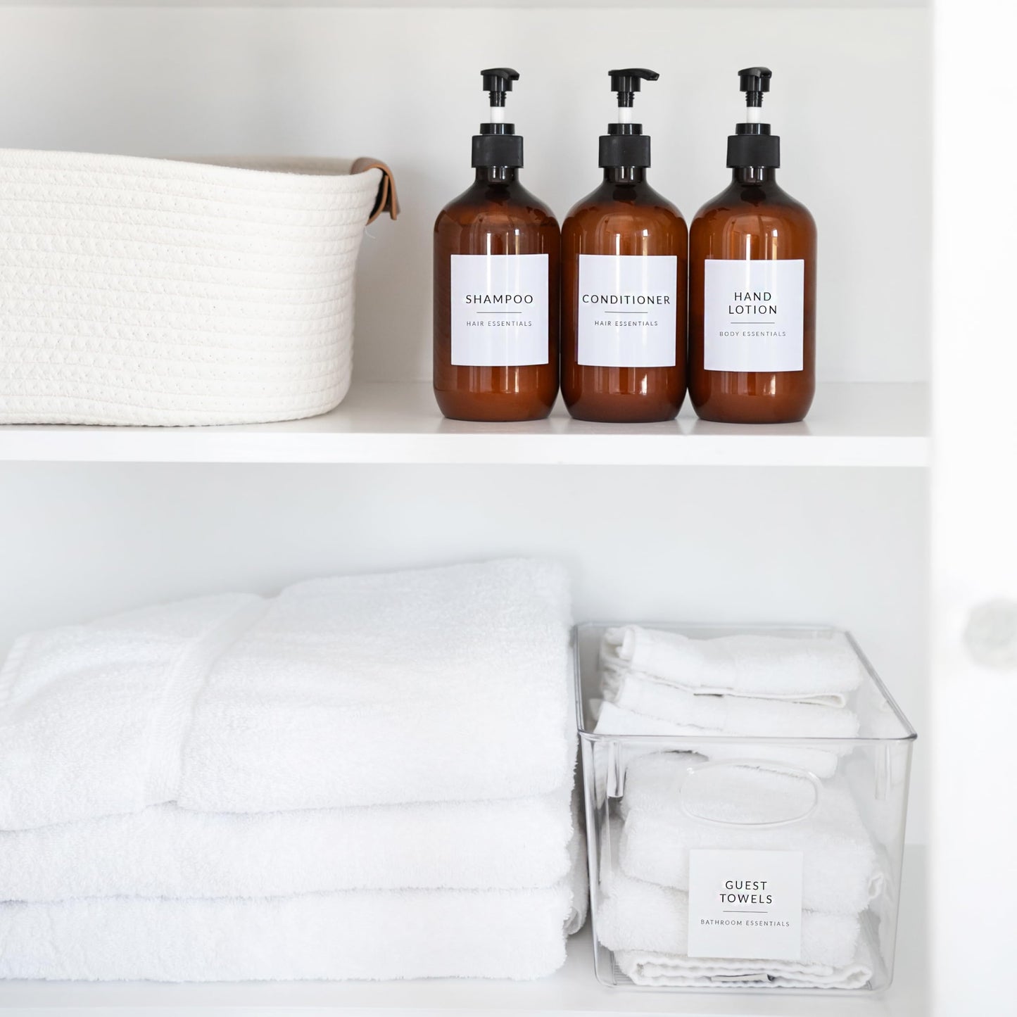 Minimalist Bathroom Labels for Organizing, 136 Preprinted Bath Room and Makeup Organizer Stickers, Waterproof Removable, Soap Shampoo Storage Supplies