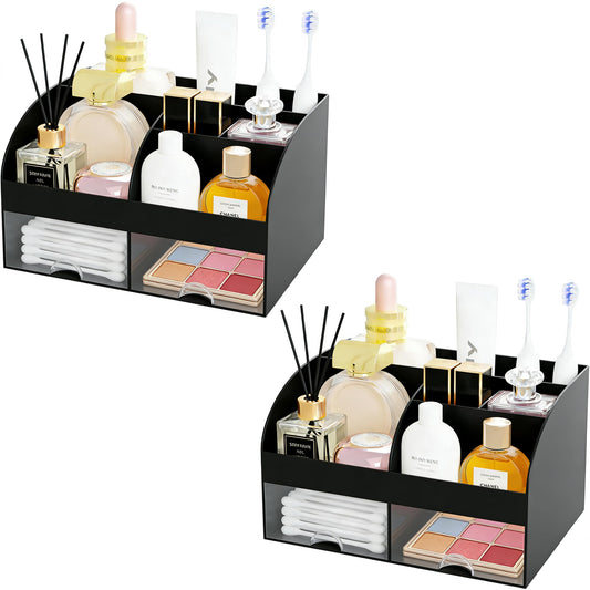 Makeup Organizer with 2 Drawers, Cosmetic Storage for Dresser Vanity and Bathroom Countertop,Make up organization and Skincare Storage with Beauty Brush Holder, Cosmetic Display Case 2Pcs Black