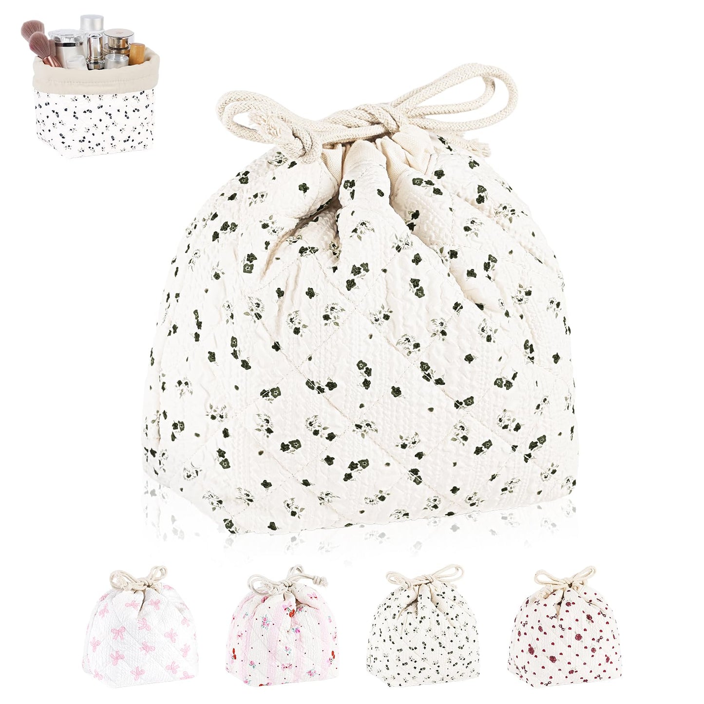 Playexen Quilted Drawstring Makeup Bag, Coquette Small Cosmetic Bag for Purse, Portable Cute Travel Makeup Pouch for Women Daily Use/Birthday/Party/Christmas (Big-Black Floral)