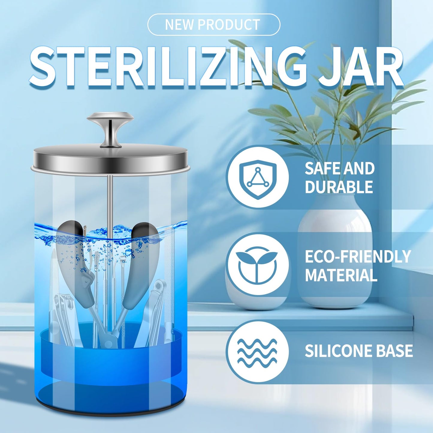 IEBARBER Nail Tool Disinfectant Jar - 21Oz Glass Sterilizer with Removable Strainer Tray - for Manicure & Barber Supplies Storage and Organization Disinfectant Jar