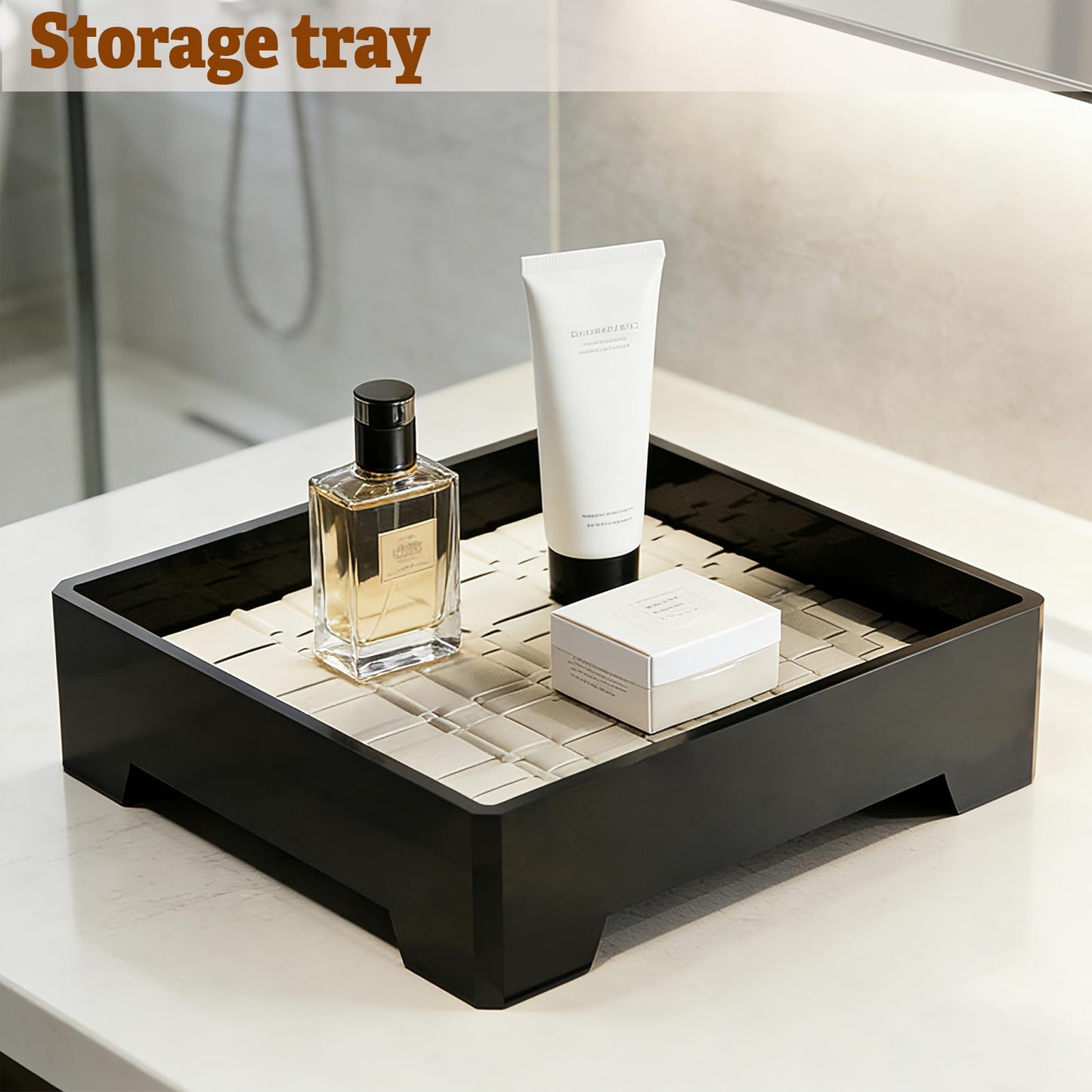 7-Inch Square Decorative Tray, Multi-Purpose Organizer for Keys, Cosmetics, Jewelry, Snacks, Modern Minimalist Style (Black + White mat)