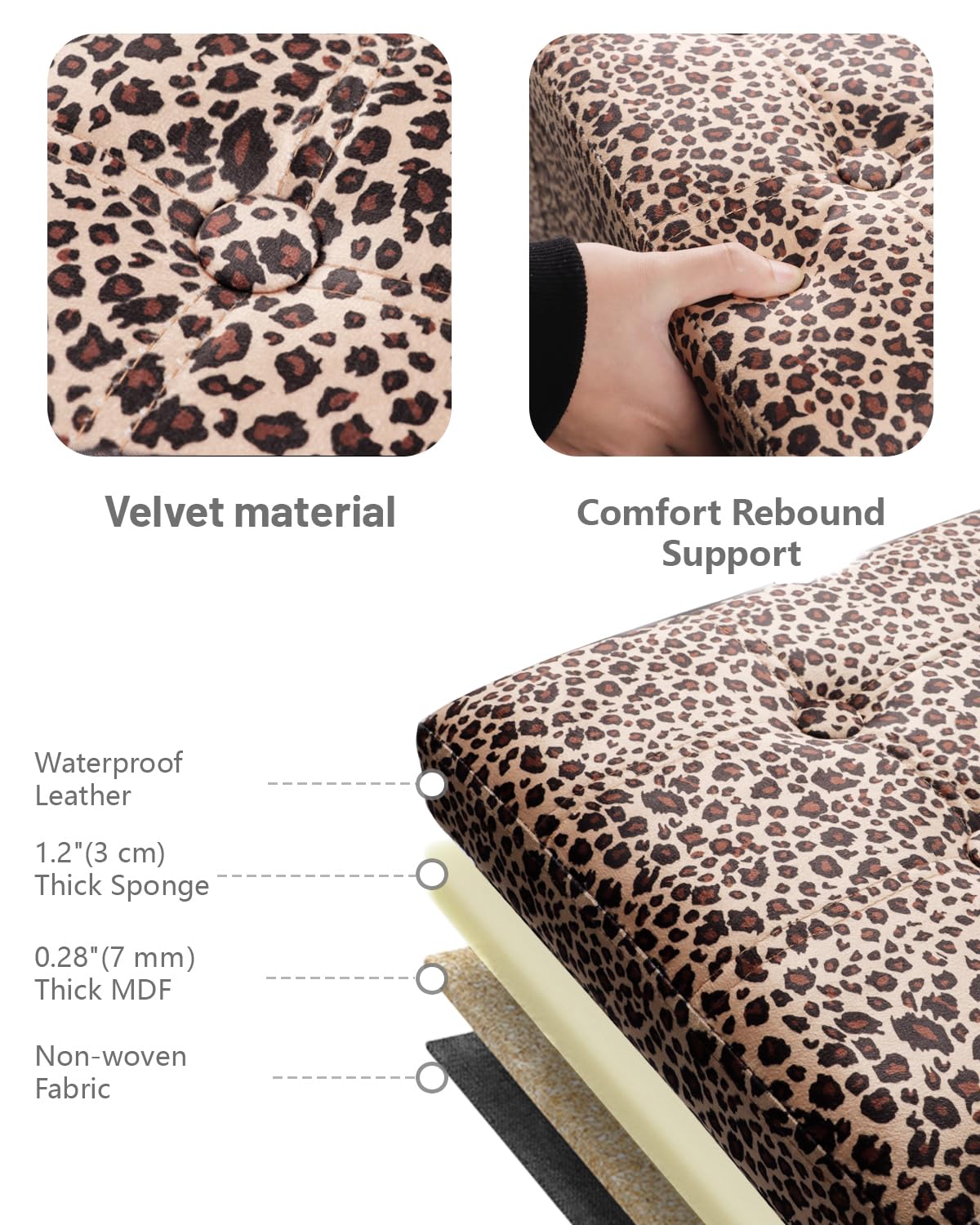 AmasSmile Footrest Ottoman Bench with Storage,34Inch Leopard Print Velvet Footstool, Coffee Table, Padded Seat, Storage Chest,Blanket Store with Flipping Lid for Livingroom and Bedroom