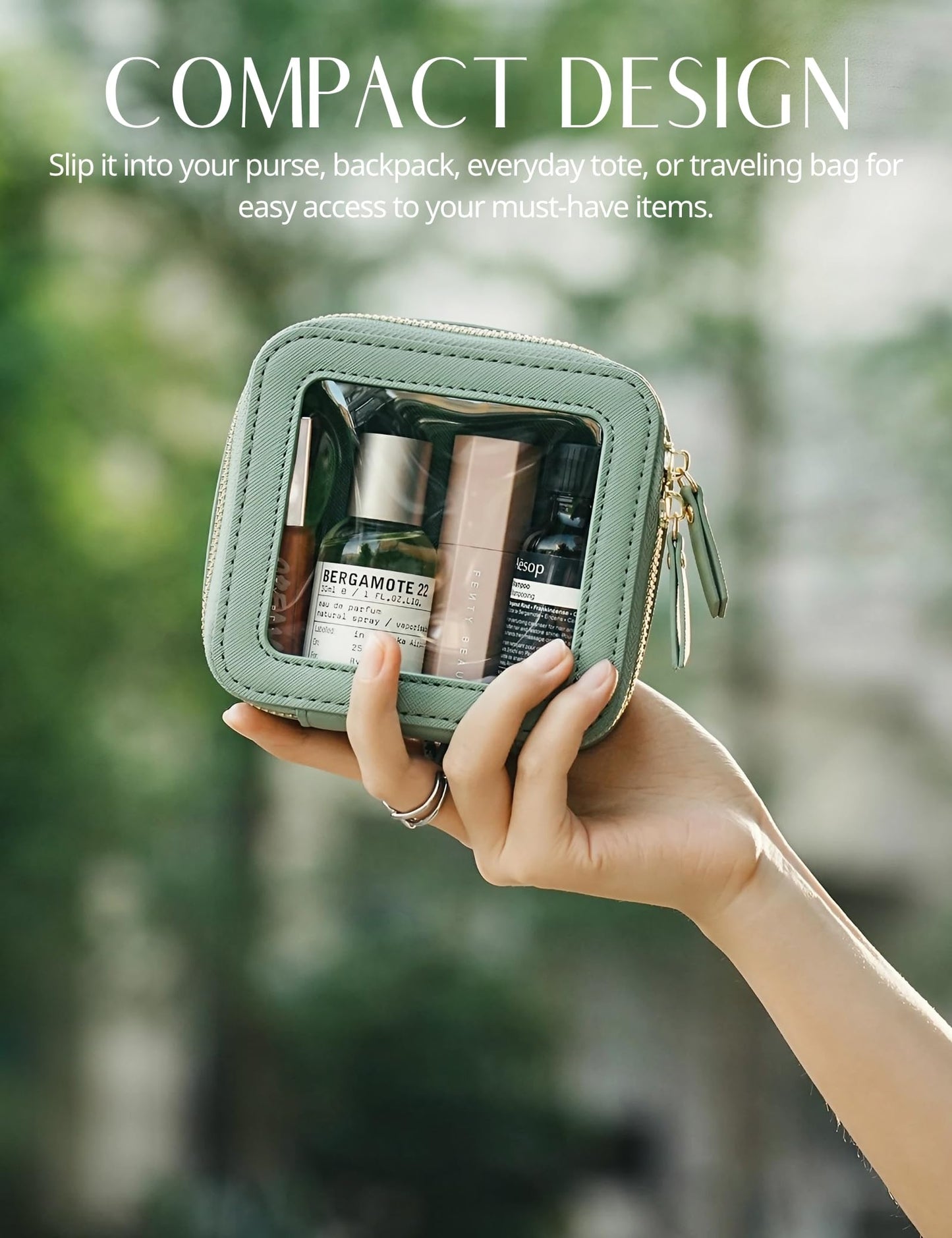 Popvibe Small Clear Makeup Bag Mini Travel Cosmetic Case Transparent Toiletry Bag with Zipper, Portable Make Up Organizer Traveling Compact Car Bag for Essentials, Sage Green, Mini