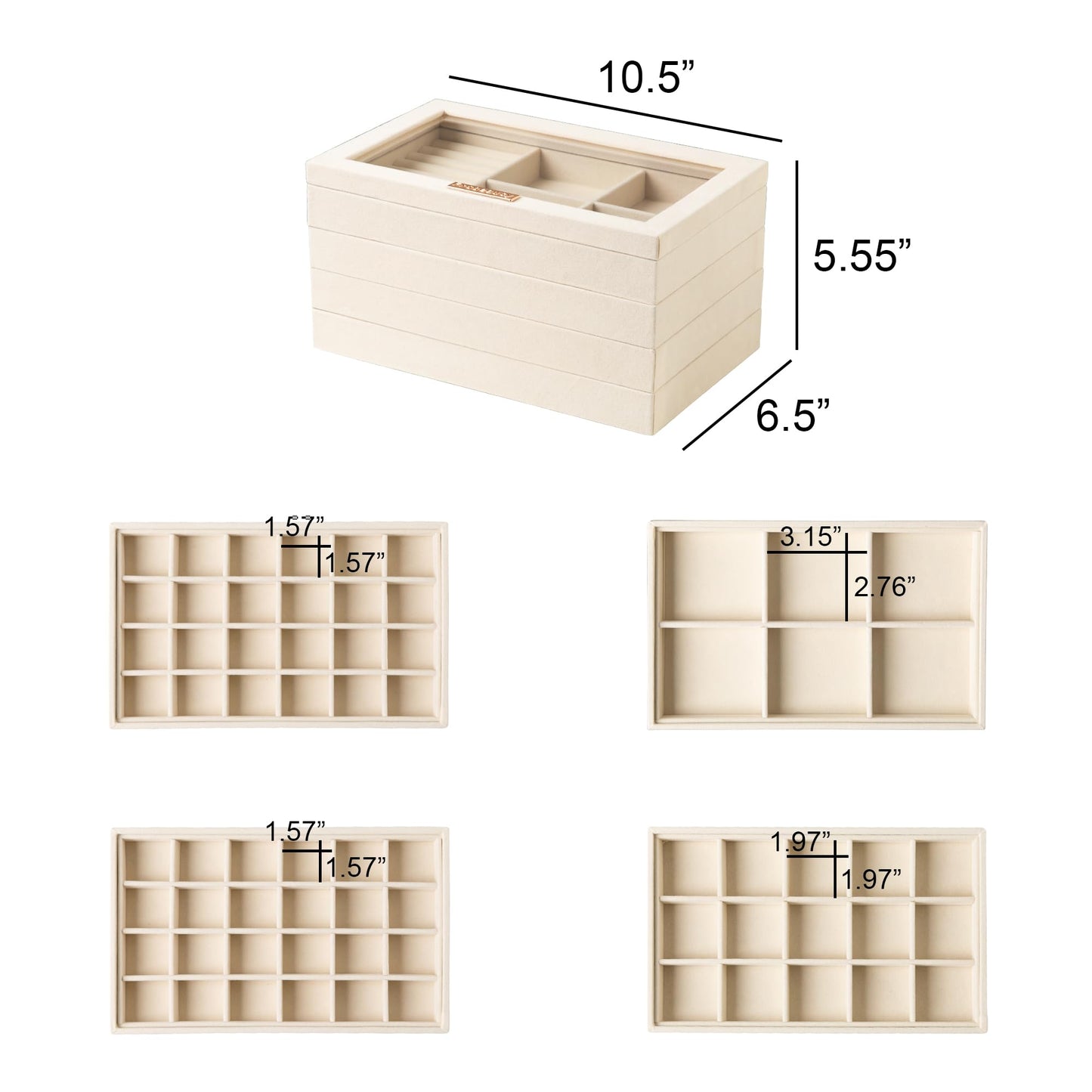Frebeauty Earring Holder Stackable Jewelry Trays,Velvet Drawer Jewelry Organizer with Glass Lid, 5 in 1 Jewelry Box for Earrings Rings Studs,10.5 x 6.5 x 5.55 Inches Gift for Women (Beige)