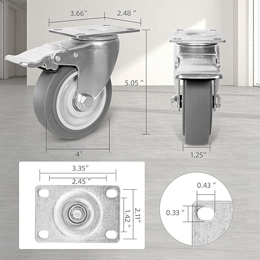4 Inch Caster Wheels, Rubber Wheels Silent Castor- Set of 4 Heavy Duty Caster Wheels with Brake 1600Lbs, Industrial Plate Casters Wheels for Cart Furniture Workbench (2 Brake & 2 Rigid)