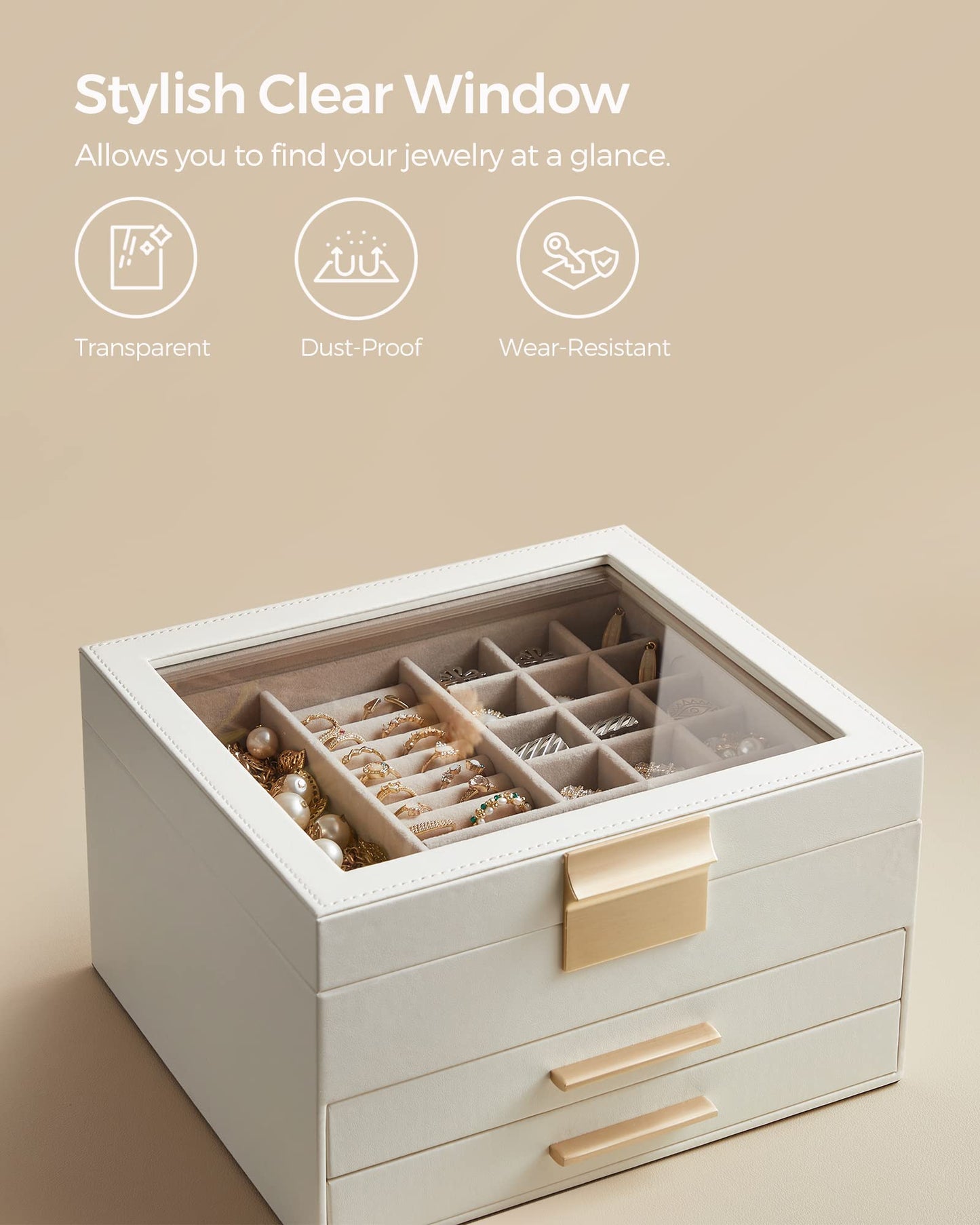 SONGMICS GISELLA Collection - Jewelry Box Organizer with Glass Lid, 3-Layer Jewelry Storage, with 2 Drawers, Modern Style, 8 x 9.1 x 5.3 Inches, Cloud White and Gold Color UJBC239WT