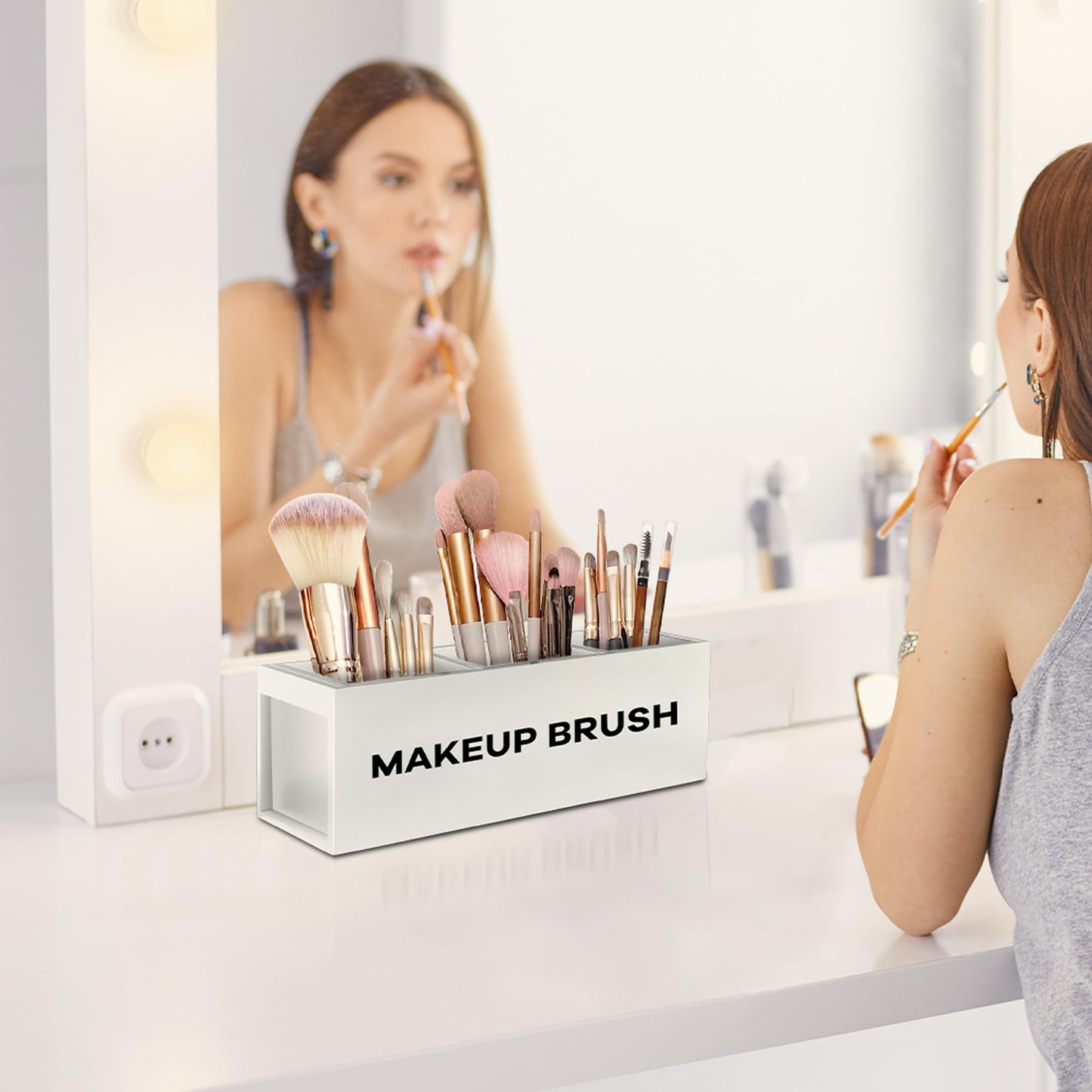Suli Large Makeup Brush Holder Organizer, Wooden Cosmetic Brushes Storage with 3 Slots, Eyeliners Display Case for Vanity Desktop Bathroom Countertop -White