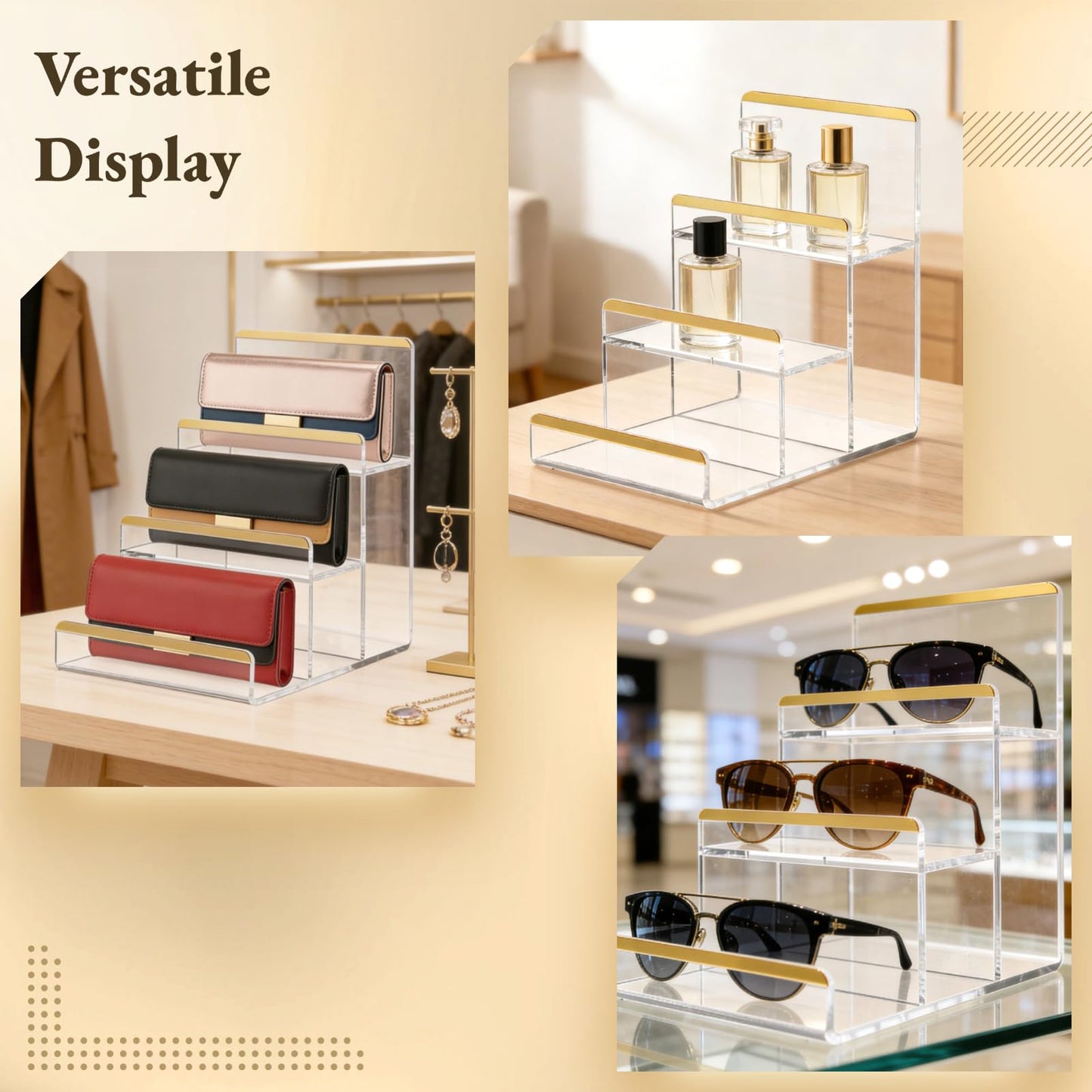 2 Pcs Purse Display Stands, Clear 3-tier Acrylic Wallet Risers with Golden Edge, Space-saving Handbag Display Shelves, Countertop Organizer Racks for Clutches, Perfume, Accessories