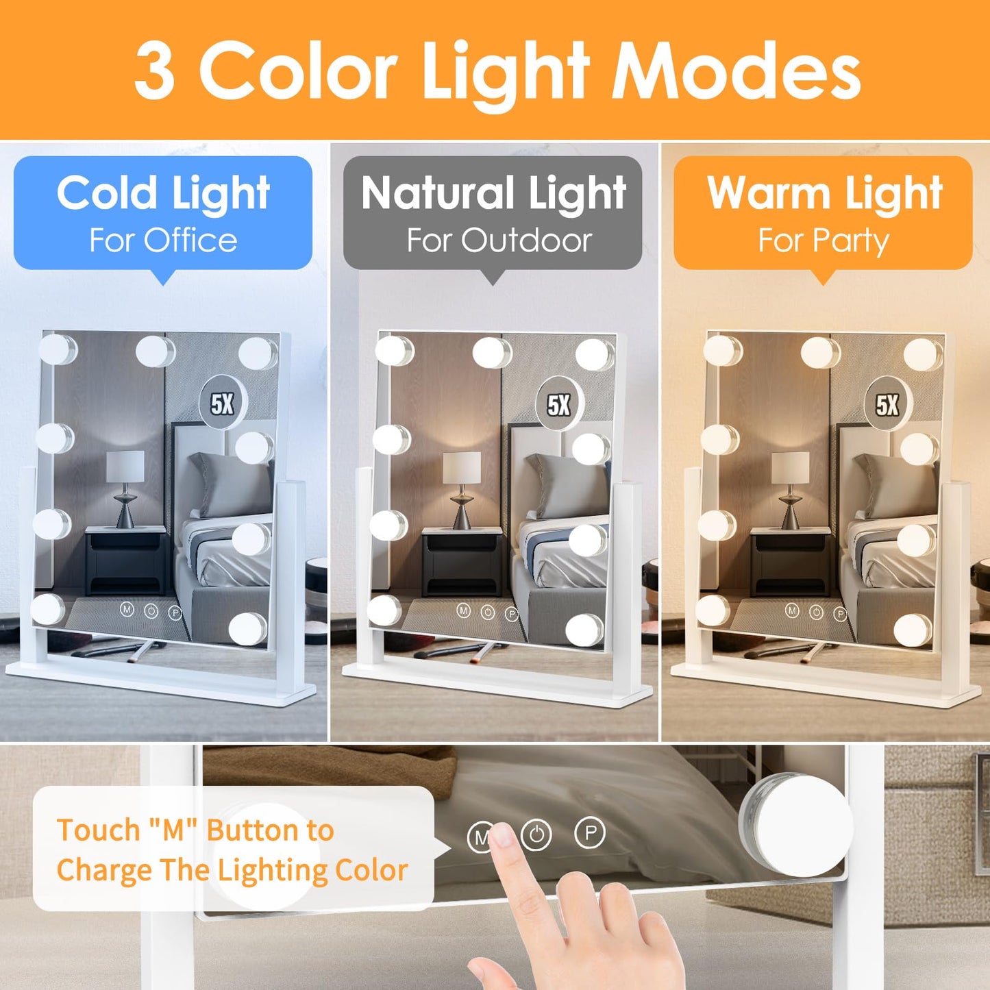 Dirket Vanity Mirror with Lights, Hollywood Lighted Makeup Mirror with 3 Color Lighting Modes and 9 Dimmable Bulbs, Detachable 5X Magnification, Smart Touch Control, 360°Rotation, White