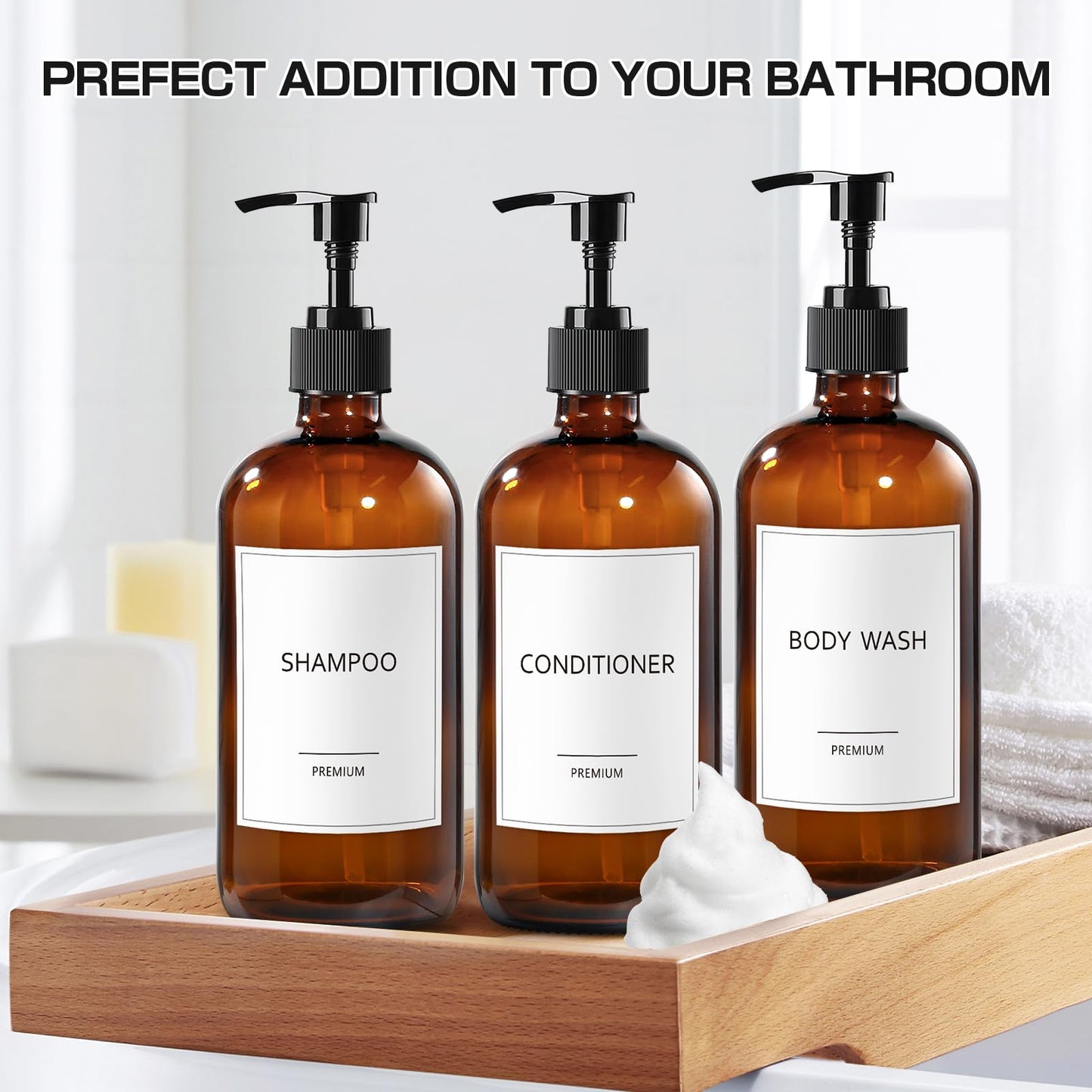 GMISUN Glass Shampoo and Conditioner Dispenser, Shower Soap Dispenser Bottles with Labels, Refillable Shampoo Conditioner Body Wash Dispensers, Amber Glass Soap Pump Dispenser Set for Bathroom Shower