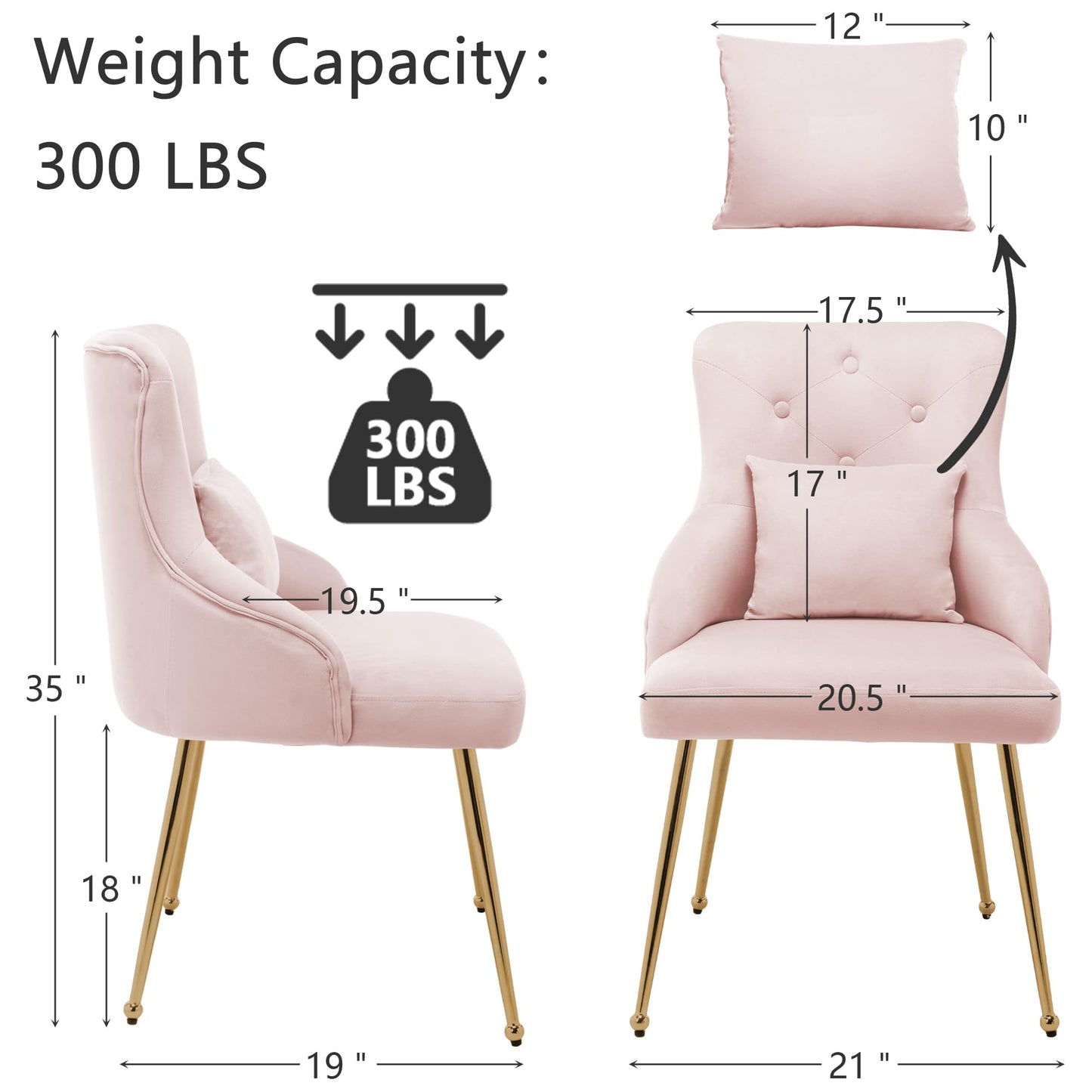 UDAX Velvet Vanity Chairs with Back, Upholstered Makeup Chair No Wheels with Metal Legs & Lumbar Pillow for Living Room/Makeup Room/Bedroom/Home Office/Kitchen