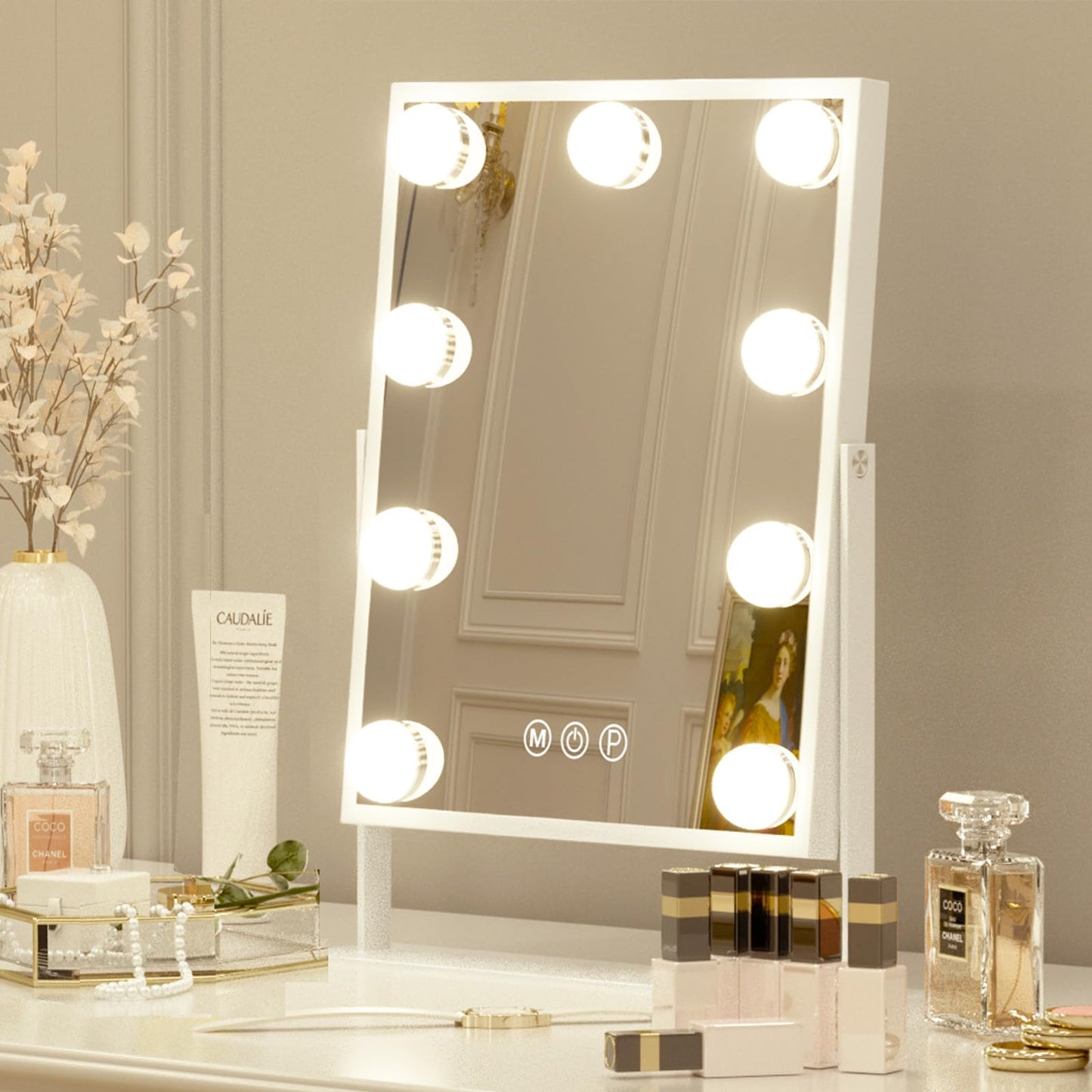 FENCHILIN Vanity Mirror with Light Lighted Makeup Mirror Vanity Smart Touch Control 3Colors Dimmable Detachable 10X Magnification Tabletop 360°Rotation(White)