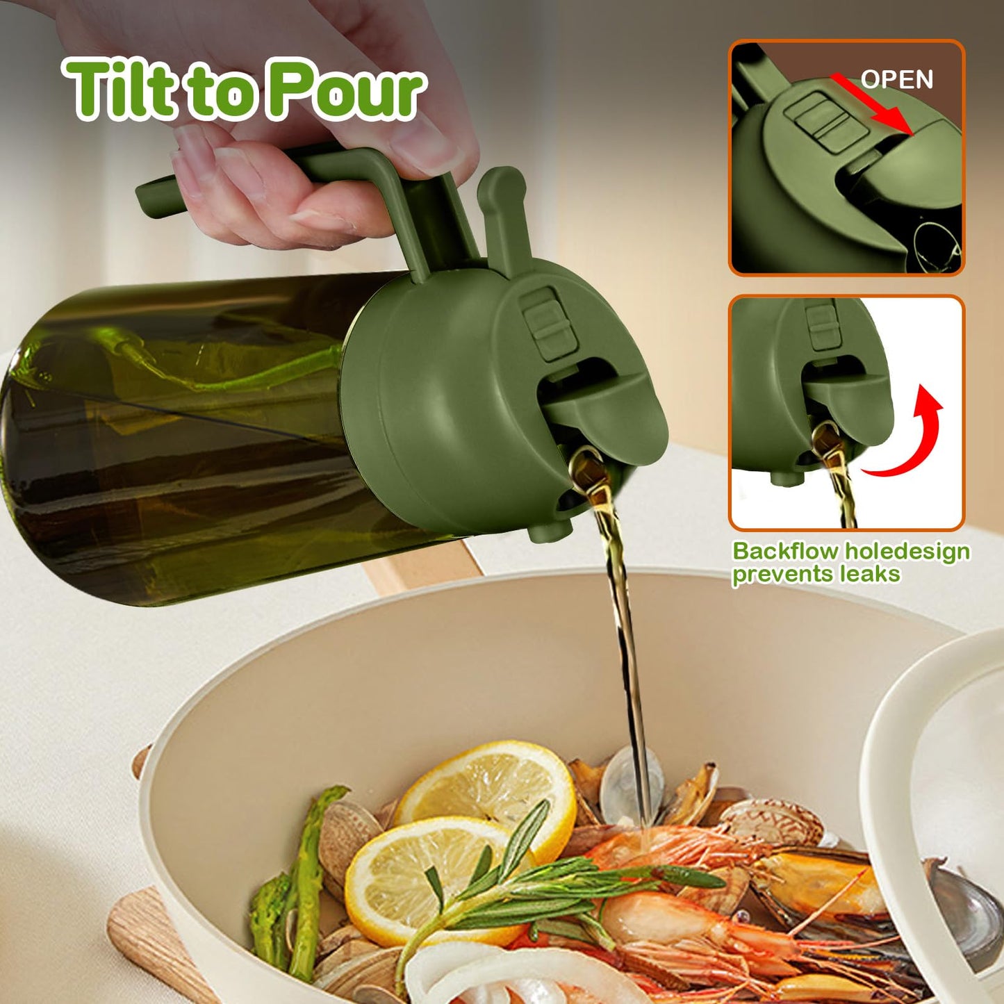YARRAMATE 2Pcs 16oz/470ml Dark Green Oil Sprayer for Cooking with Stickers, Food-grade Premium 2 in 1 Olive Oil Dispenser Bottle for Kitchen Gadgets, Air Fryer, Salad, Frying, BBQ (Black&OliveGreen)