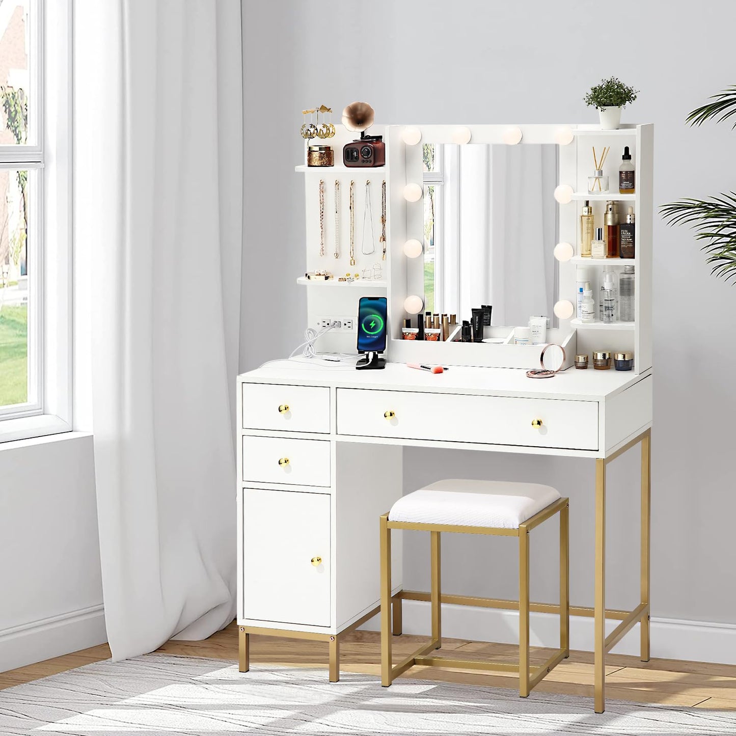 MilleLoom Vanity Desk with Stool and Charging Station, White Vanity Set with Mirror & Lights, 3 Lighting Colors, Large Makeup Table for Bedroom Dressing Room