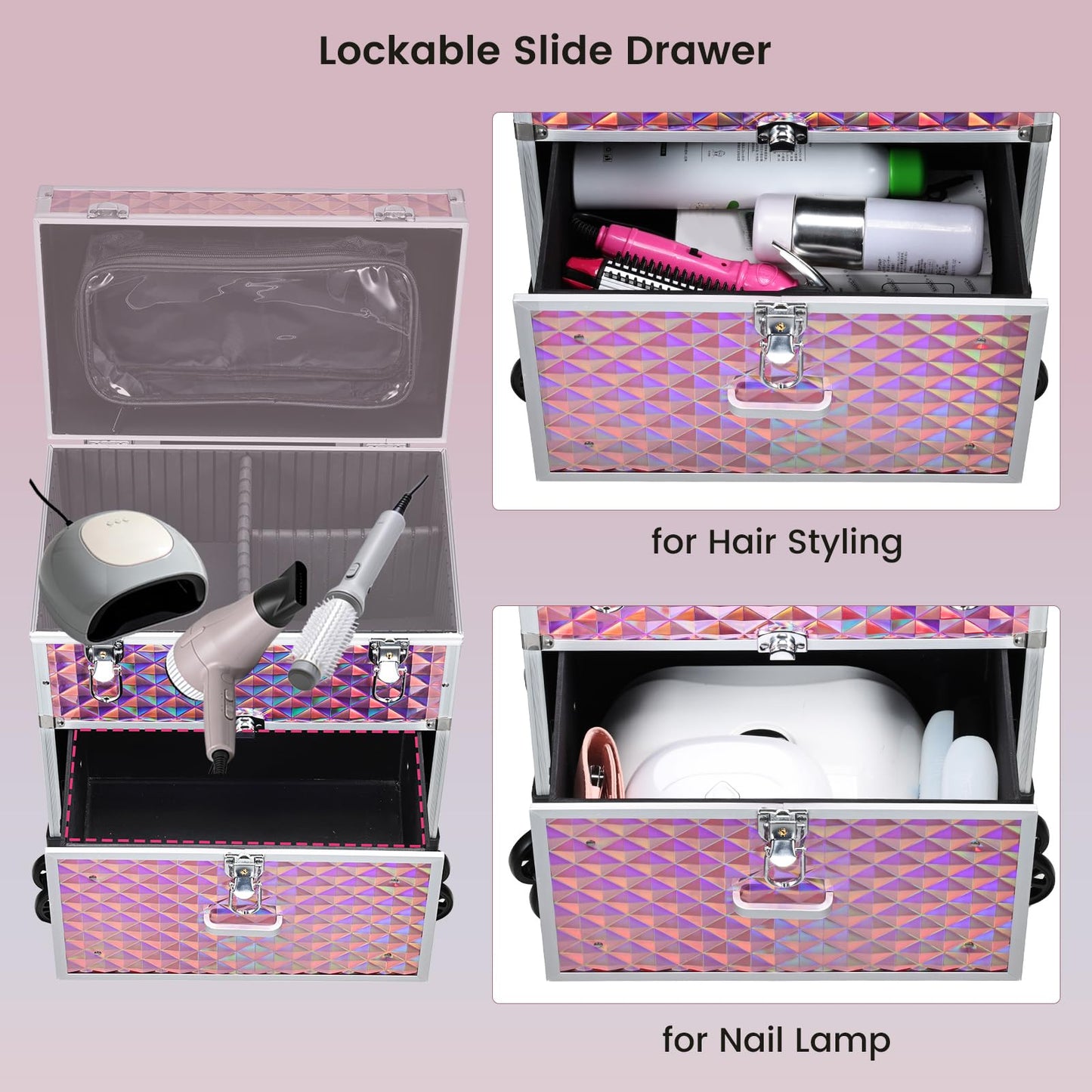 Adazzo Professional Rolling Makeup Case with Drawer for Makeup Artists Cosmetic Train Case Large Storage Case for Nail Technicians Cosmetology Case with Detachable Bag for Hairstylist Pink