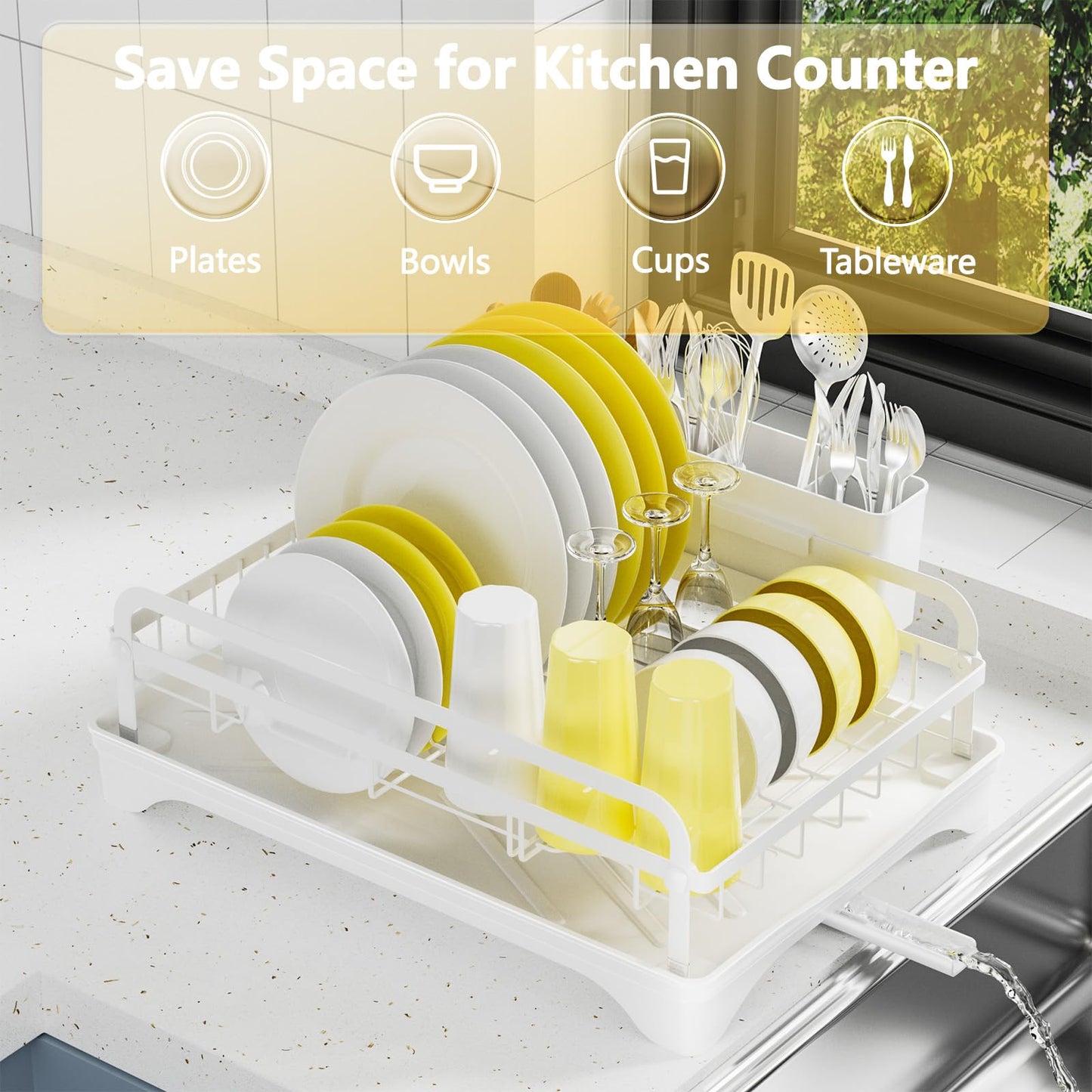 LIYI Dish Drying Rack for Kitchen Counter - Kitchen Dish Rack with Drainboard, Small Dish Drainer with Utensil Holder for Sink, 16.5" D x 11.6" W x 6.6" H, White