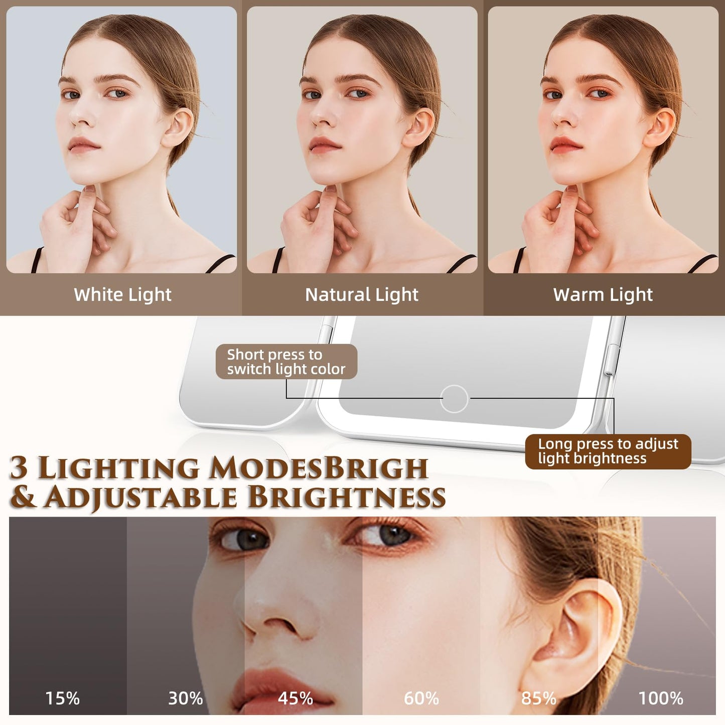 Junyaoxuan Tri-fold Vanity Mirror with Light,1X/5X/10X/20X/30X Makeup Magnifying Mirror with Lights,Rechargeable Travel Makeup Mirror with Foldable Stand,Dimmable in 3 Colors,Touch Control