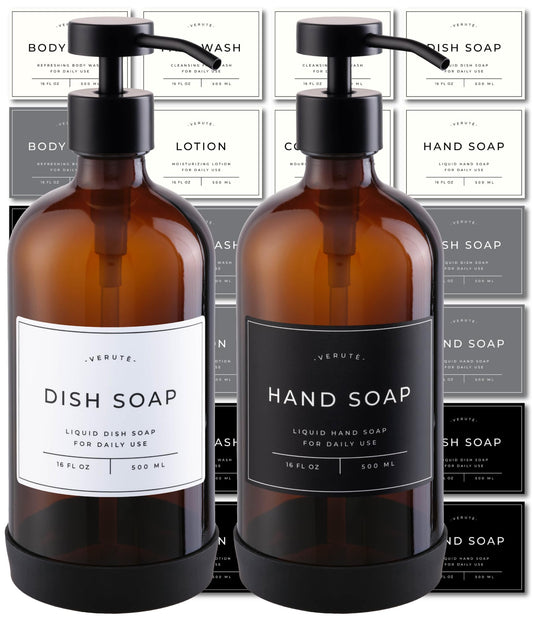 Hand and Dish Soap Dispenser for Kitchen and Bathroom, Set of 2 16 Oz Glass Bottles, Stainless Steel Pumps, Non-Slip Silicone Base, 27 Waterproof Labels (Amber Bottle/Black Pump)